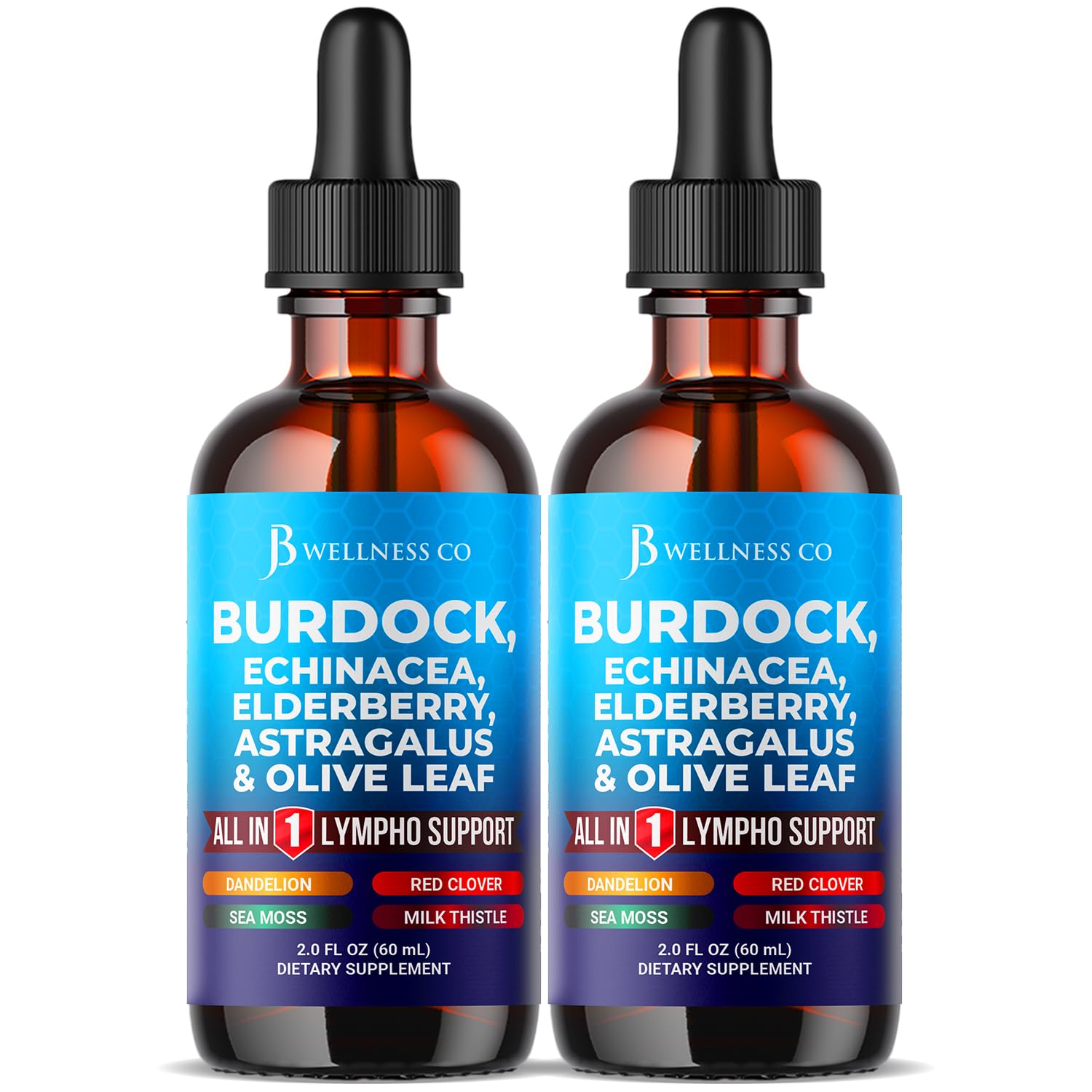 Gouttes JB Wellness Co sur bouteille de bardane, drainage lymphatique potentiel