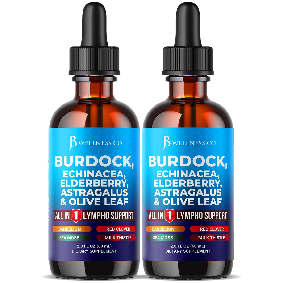 Gouttes JB Wellness Co sur bouteille de bardane, drainage lymphatique potentiel