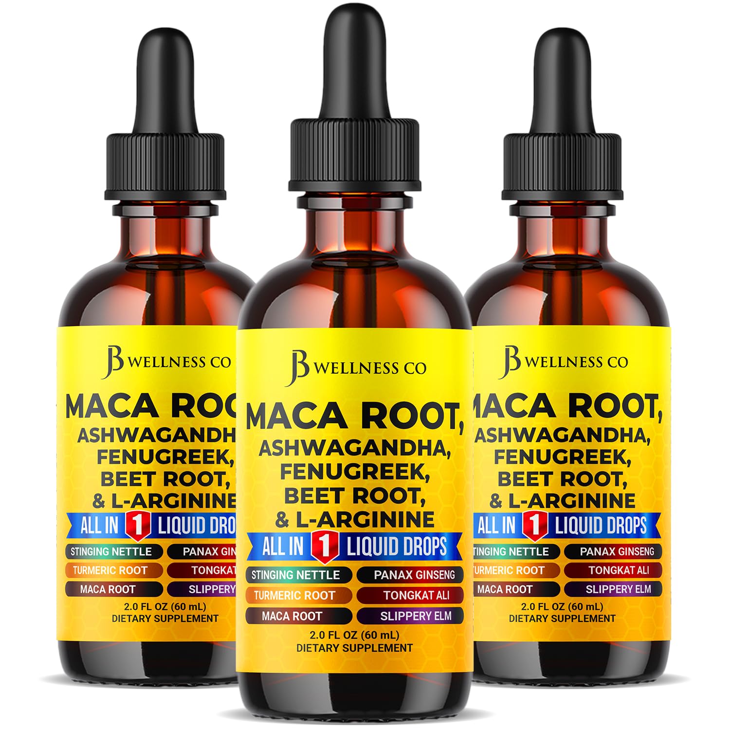 JB Wellness Co Maca liquide dans une bouteille, énergie potentielle pour le quotidien.