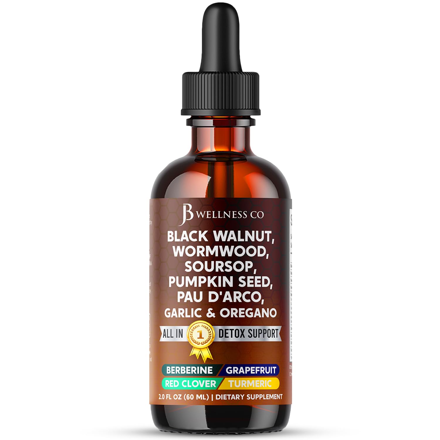 Bouteille JB Wellness Co Wormwood Black Walnut Cleanse prête à l’emploi, affichage élégant et riche en nutriments.