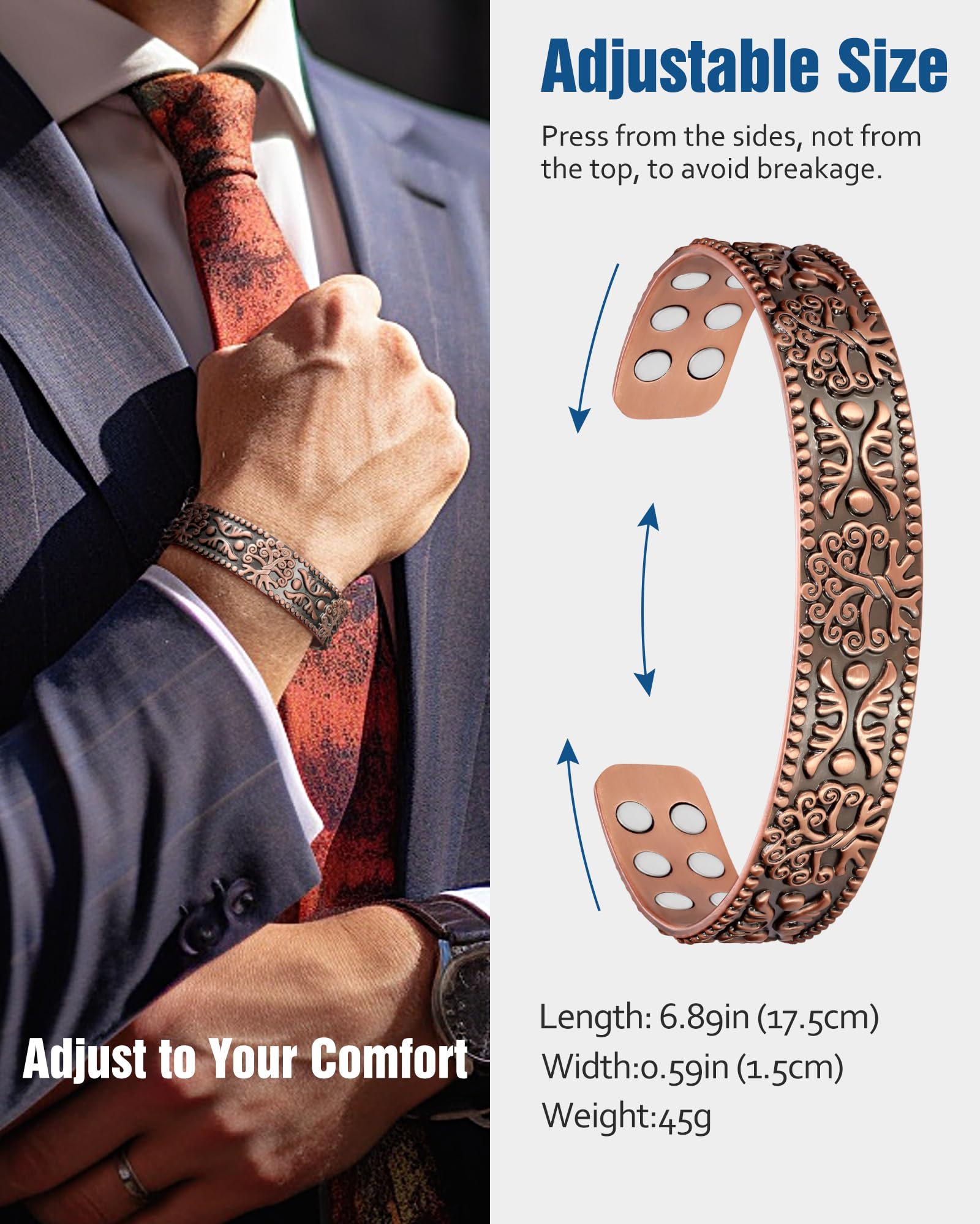 Détails et finitions du bracelet cuivre Jecanori, artisanat soigné.