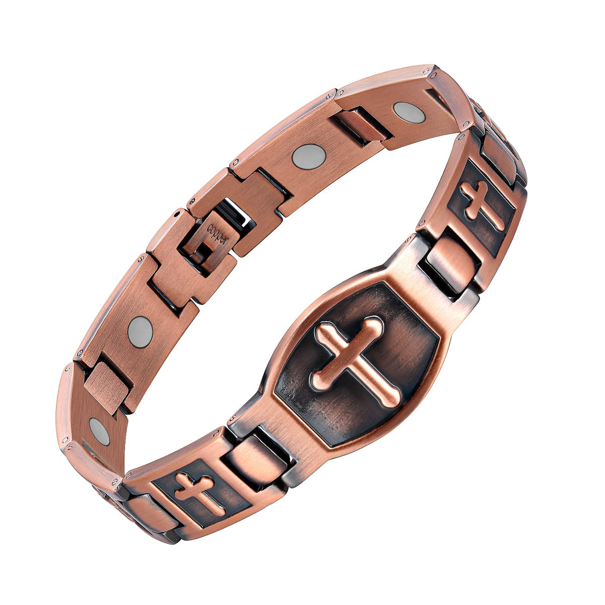 Bracelet cuivre Jecanori croix magnétique porté au poignet, style moderne.