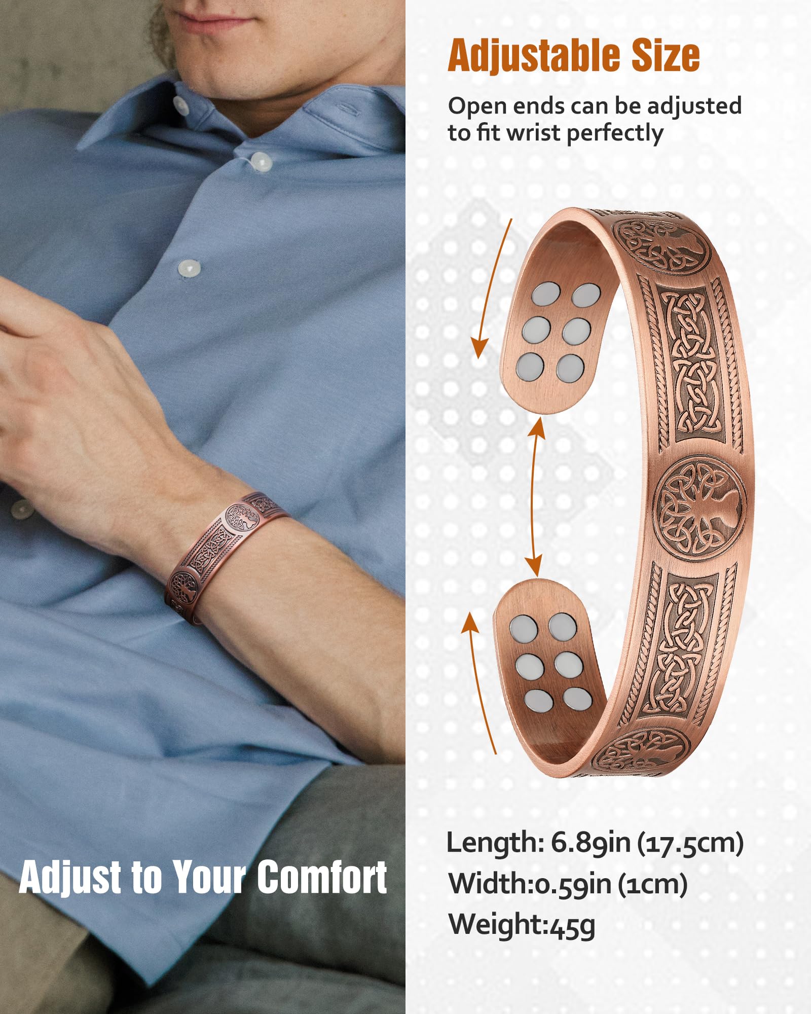 Jecanori bracelet cuivre homme — finition lisse et cuivre pur