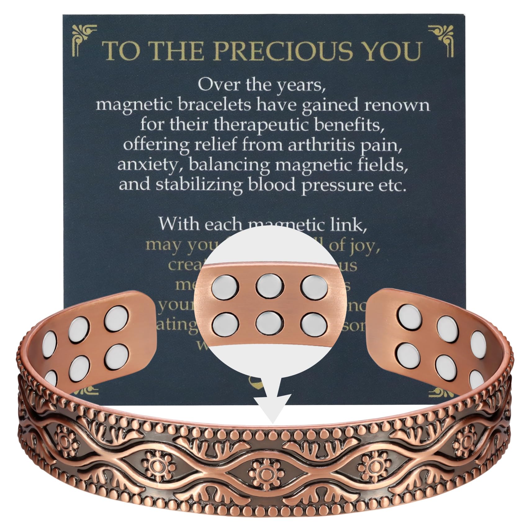 Bracelet Jecanori en cuivre avec 18 aimants puissants pour un port confortable.