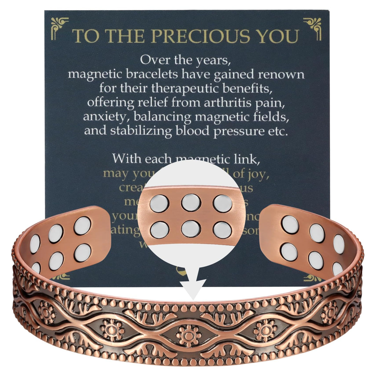 Bracelet Jecanori en cuivre avec 18 aimants puissants pour un port confortable.
