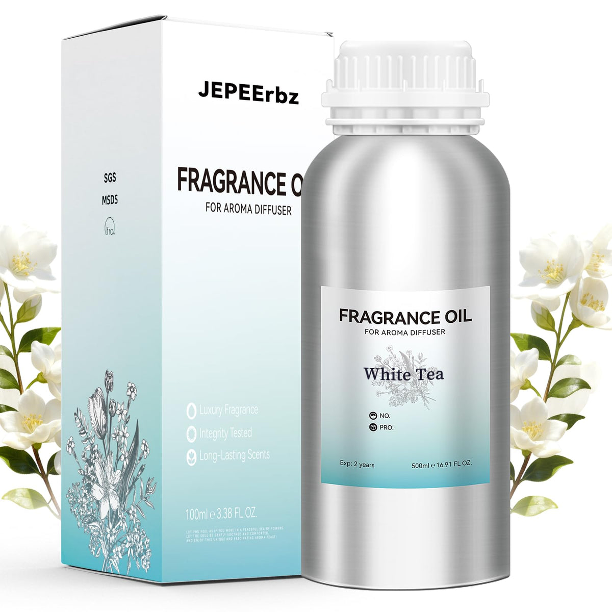 JEPEErbz Thé Blanc, diffuseur-bouteille 500ml pour salon durable.
