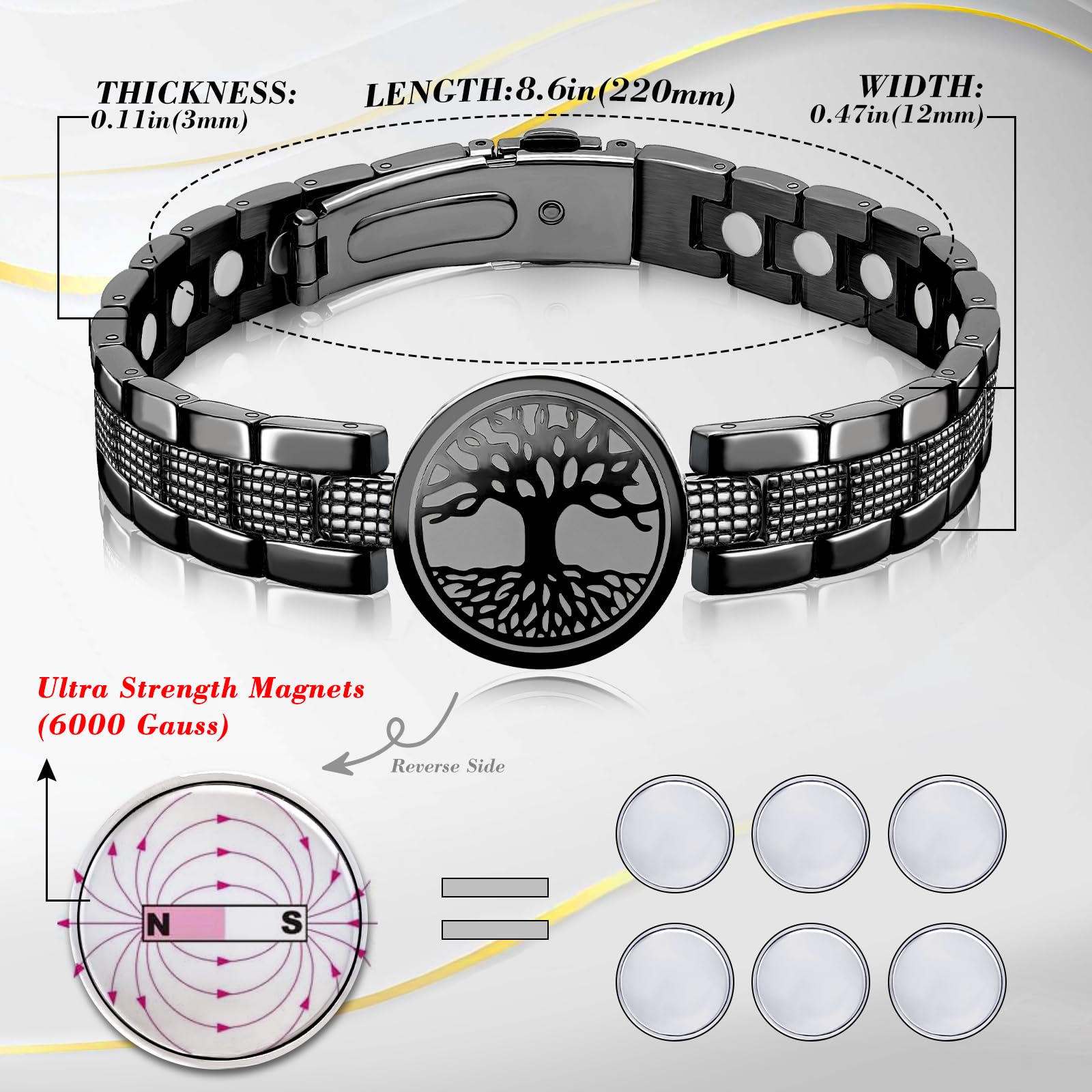 JEROOT bracelet-magnet-6000-gauss met en avant l’aimant central puissant.