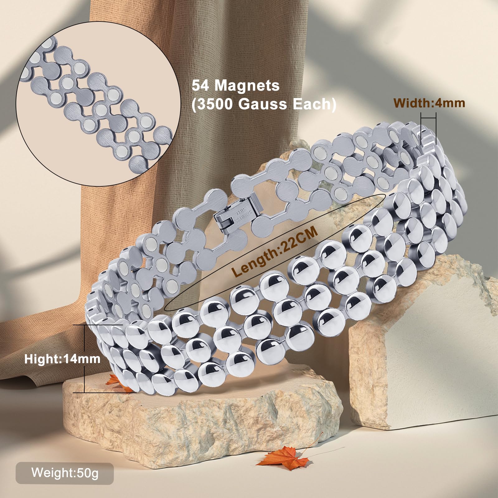 JEROOT Bracelet magnétique à 3 rangées d’aimants néodyme, couverture homogène.