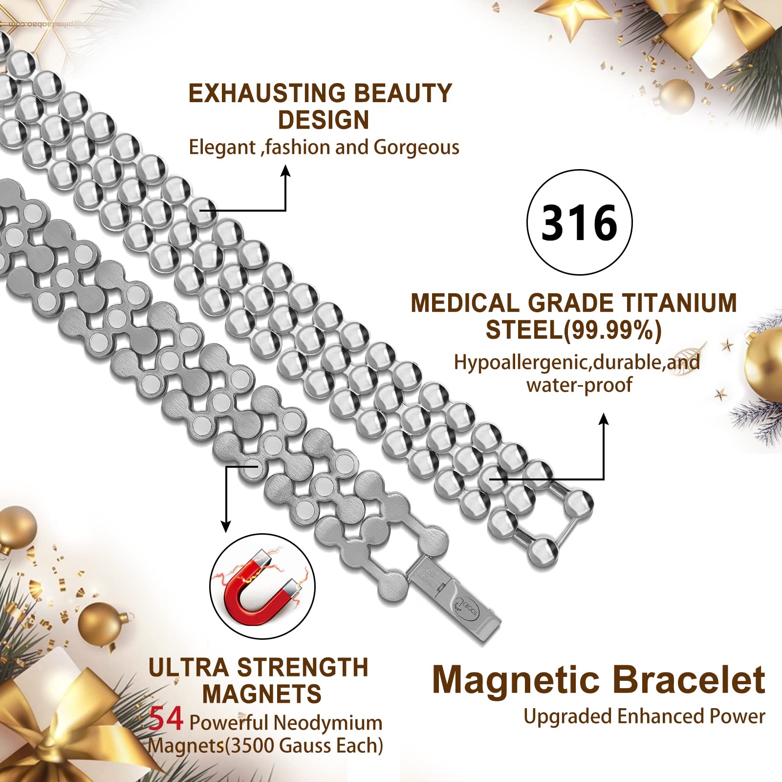 JEROOT Bracelet magnétique en acier inoxydable 316L, durable et hypoallergénique.
