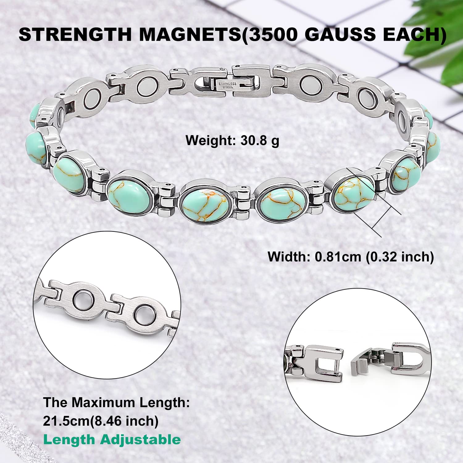 Bracelet magnétique JEROOT avec 14 aimants 3500 gauss pour le quotidien.