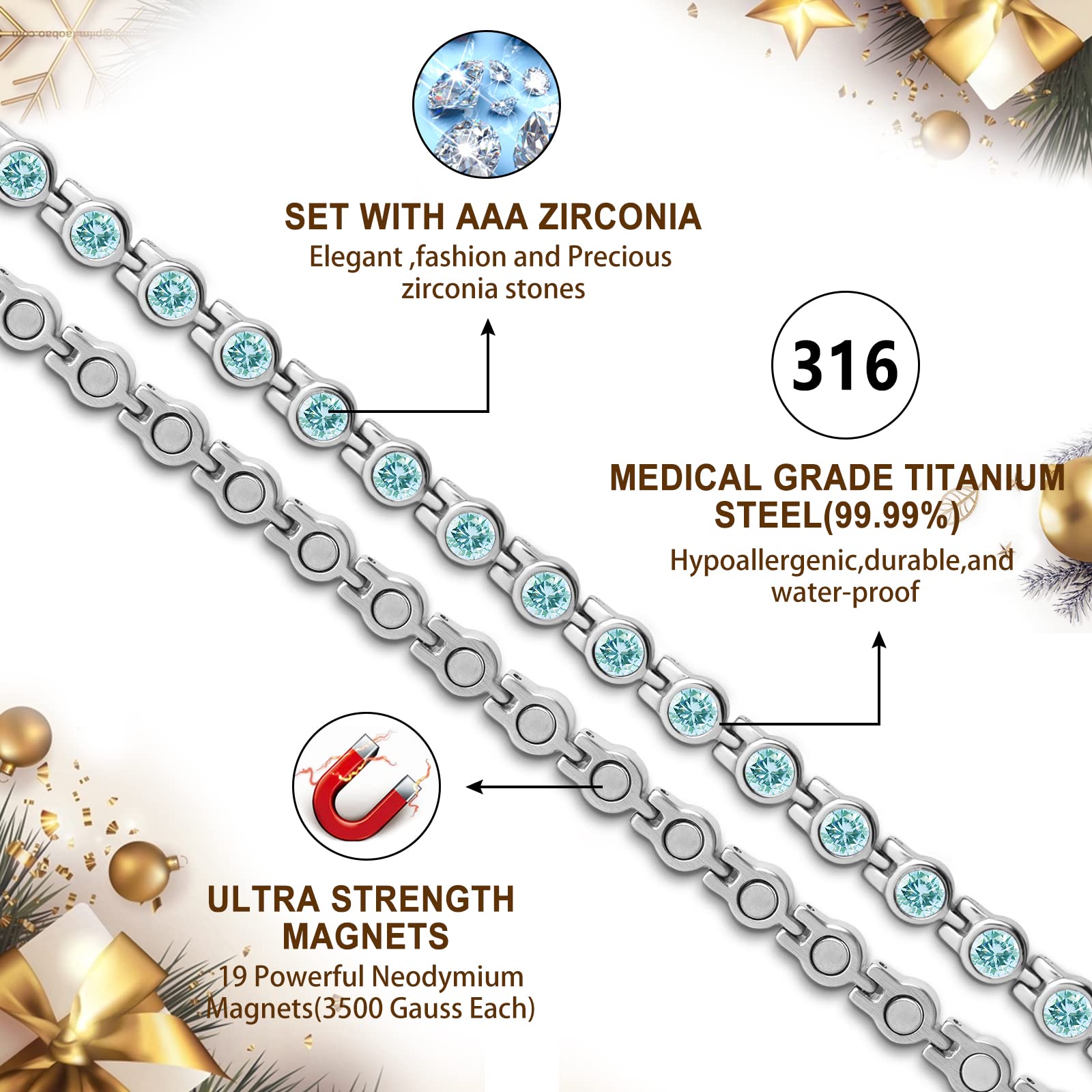 Bracelet magnétique JEROOT réglable de 21,5 cm, ajustement confortable.