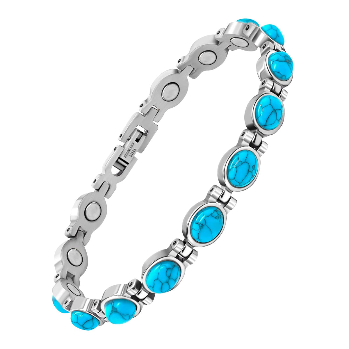 Bracelet magnétique JEROOT en turquoise, premier plan, look élégant et unique.