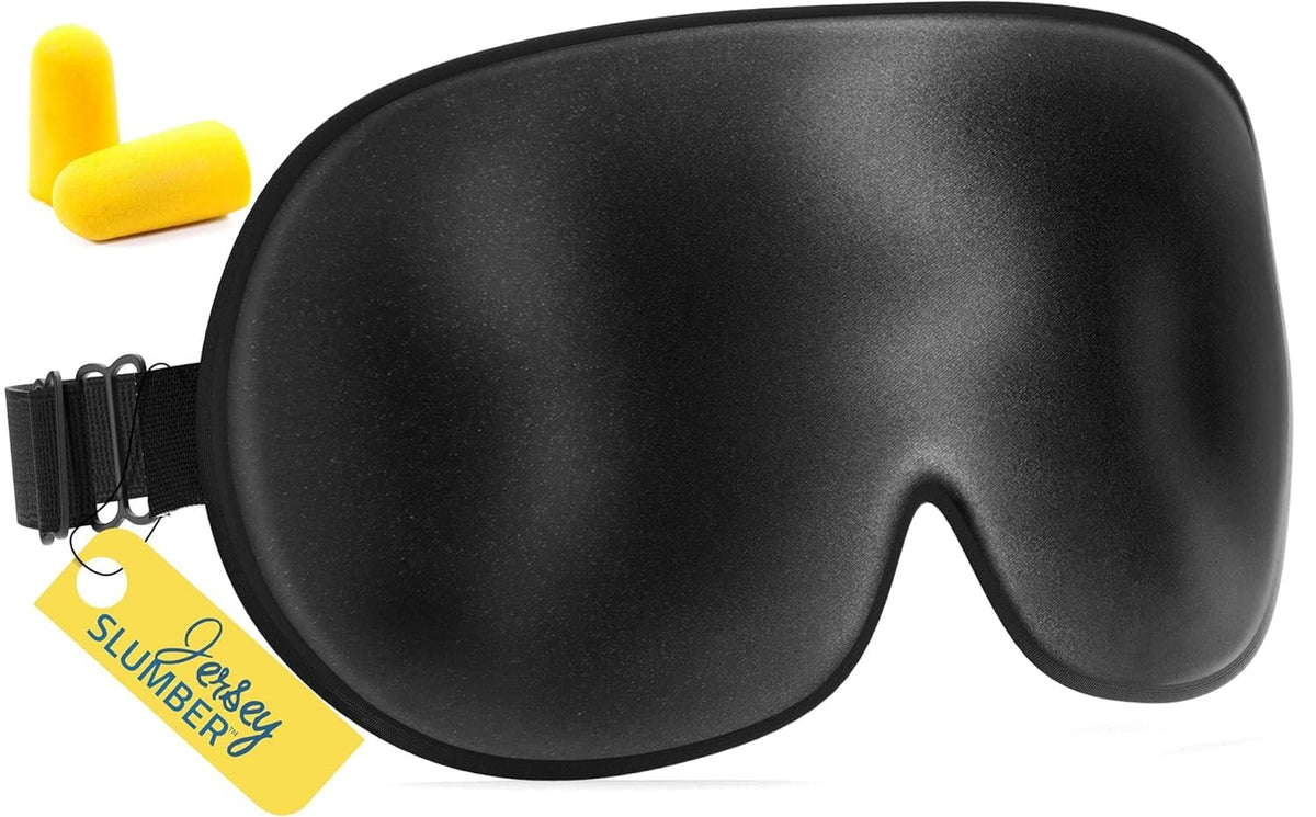 Masque Jersey Slumber en soie douce bloque la lumière pour un sommeil réparateur.