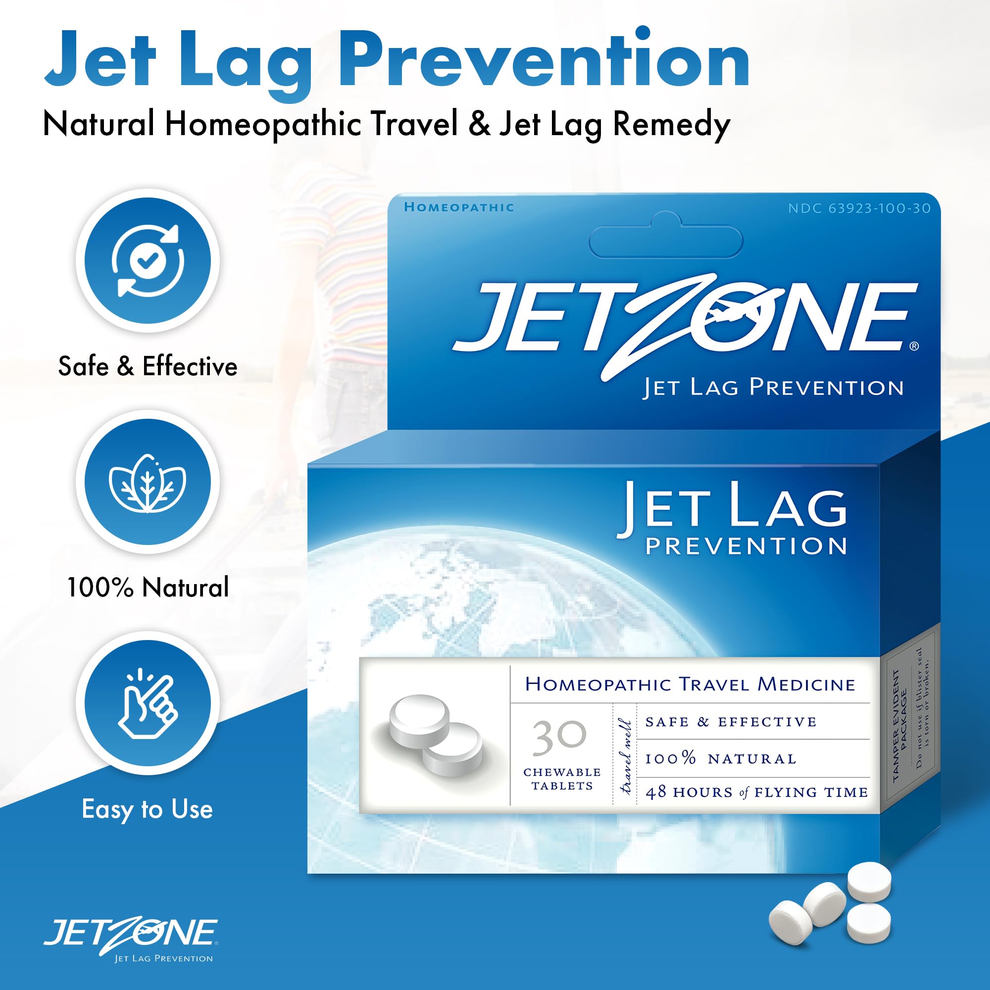 JetZone tablettes voyage mordables avec goût agréable.