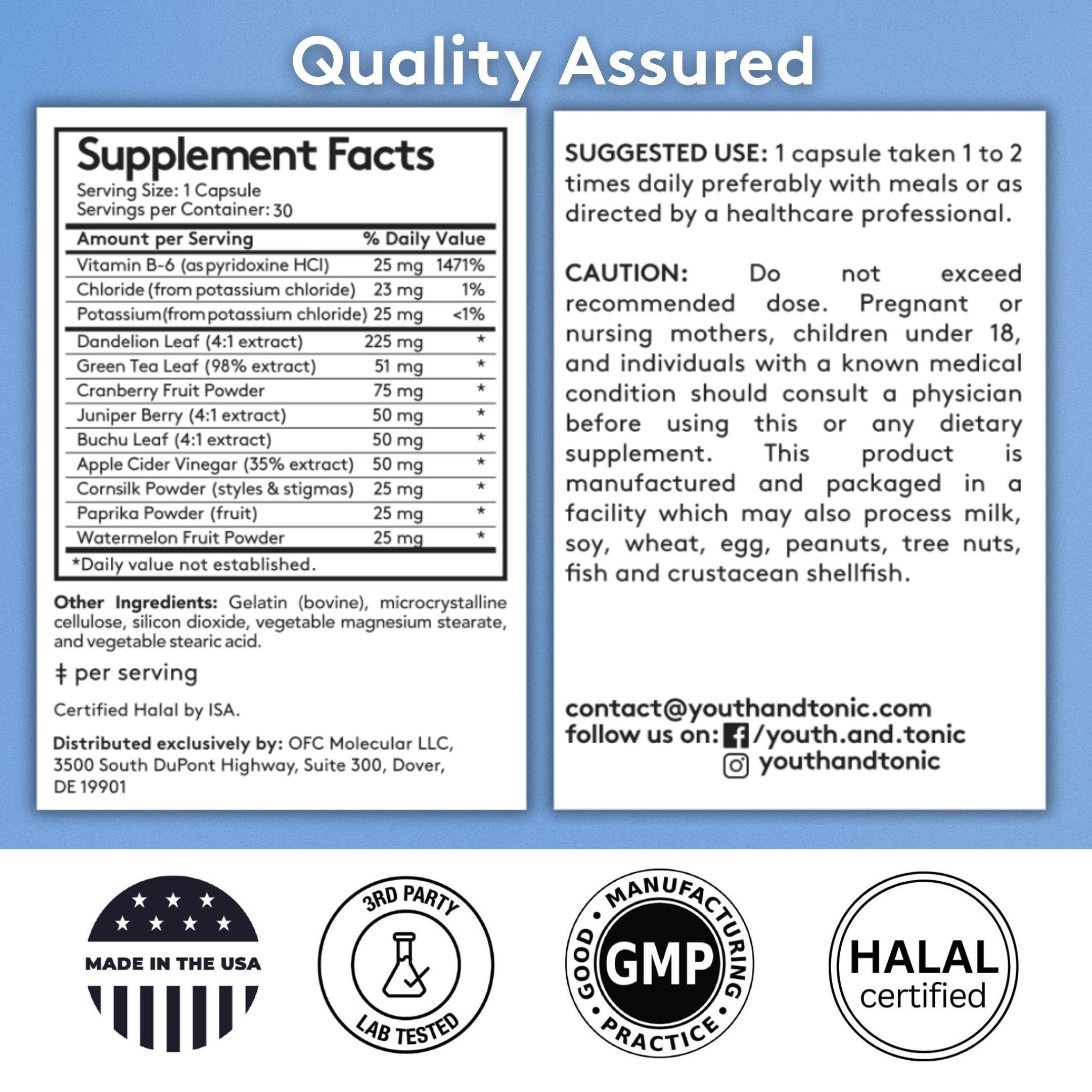 Youth & Tonic emballage-etats-unis-cgmp: produit fabriqué aux États‑Unis, contrôle qualité.