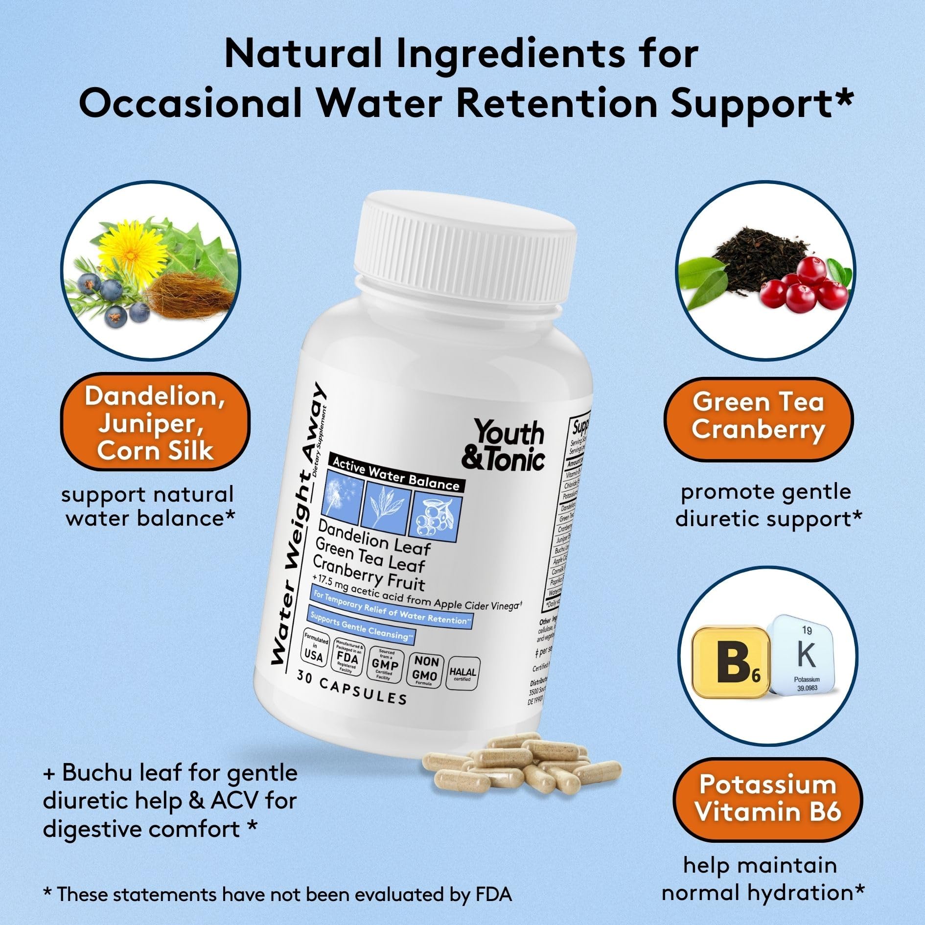 Youth & Tonic ingredients-herbal-diuretiques: mélange de plantes et électrolytes.