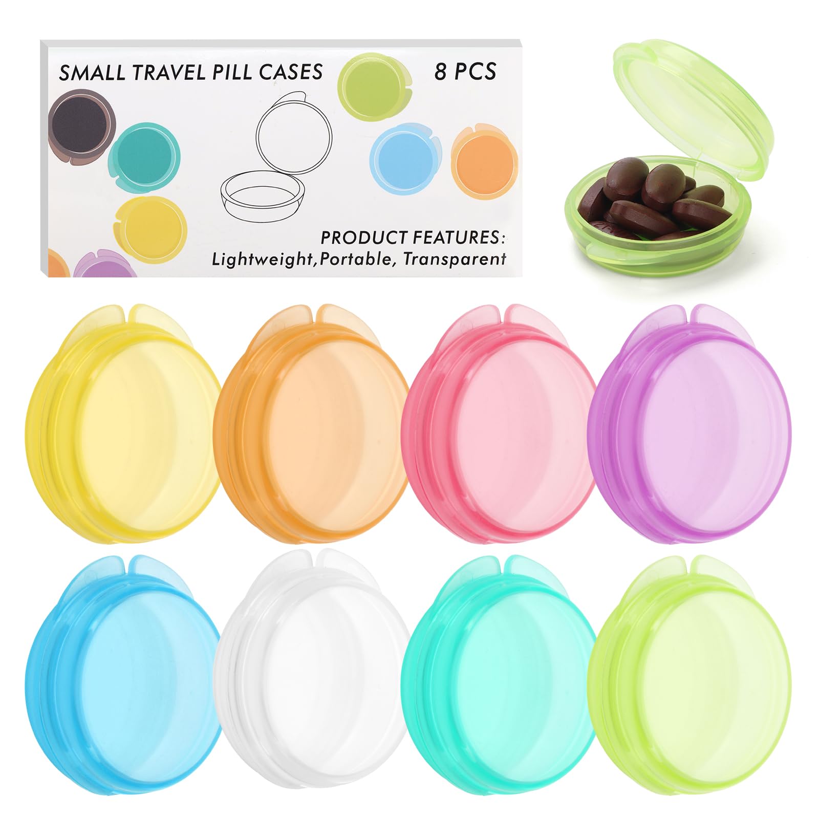 Étui JGB pilules 8-pack en couleurs vives, idéal pour voyager et trier les comprimés.