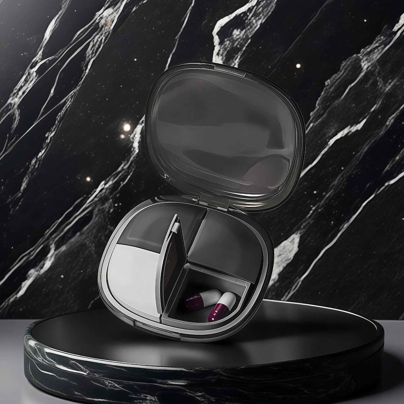 JHONE68 boite-pilules-compacte noir, format discret pour le sac.