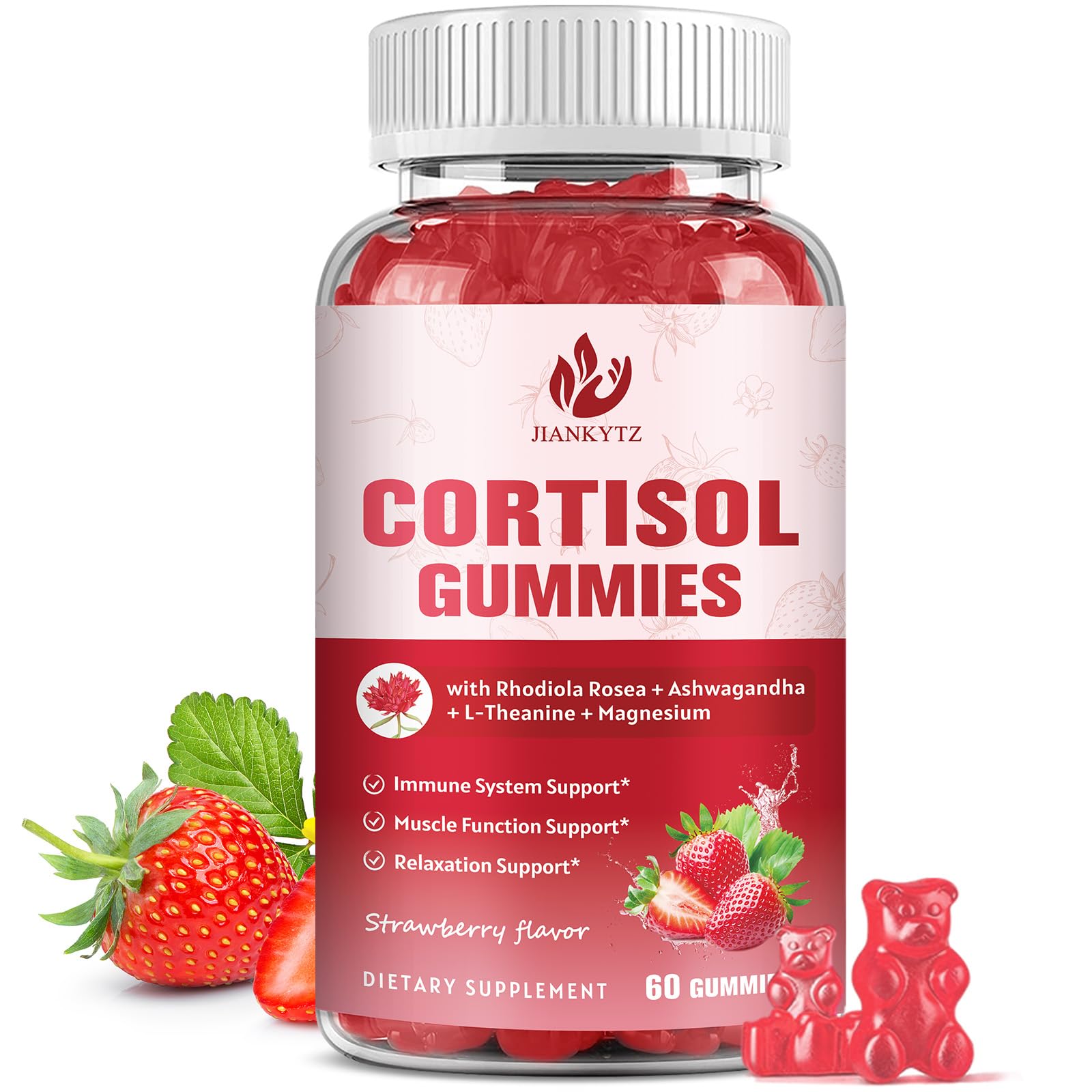 Gummies JIANKYTZ Cortisol, bouteille visible, saveur fraise, soutien quotidien potentiel.