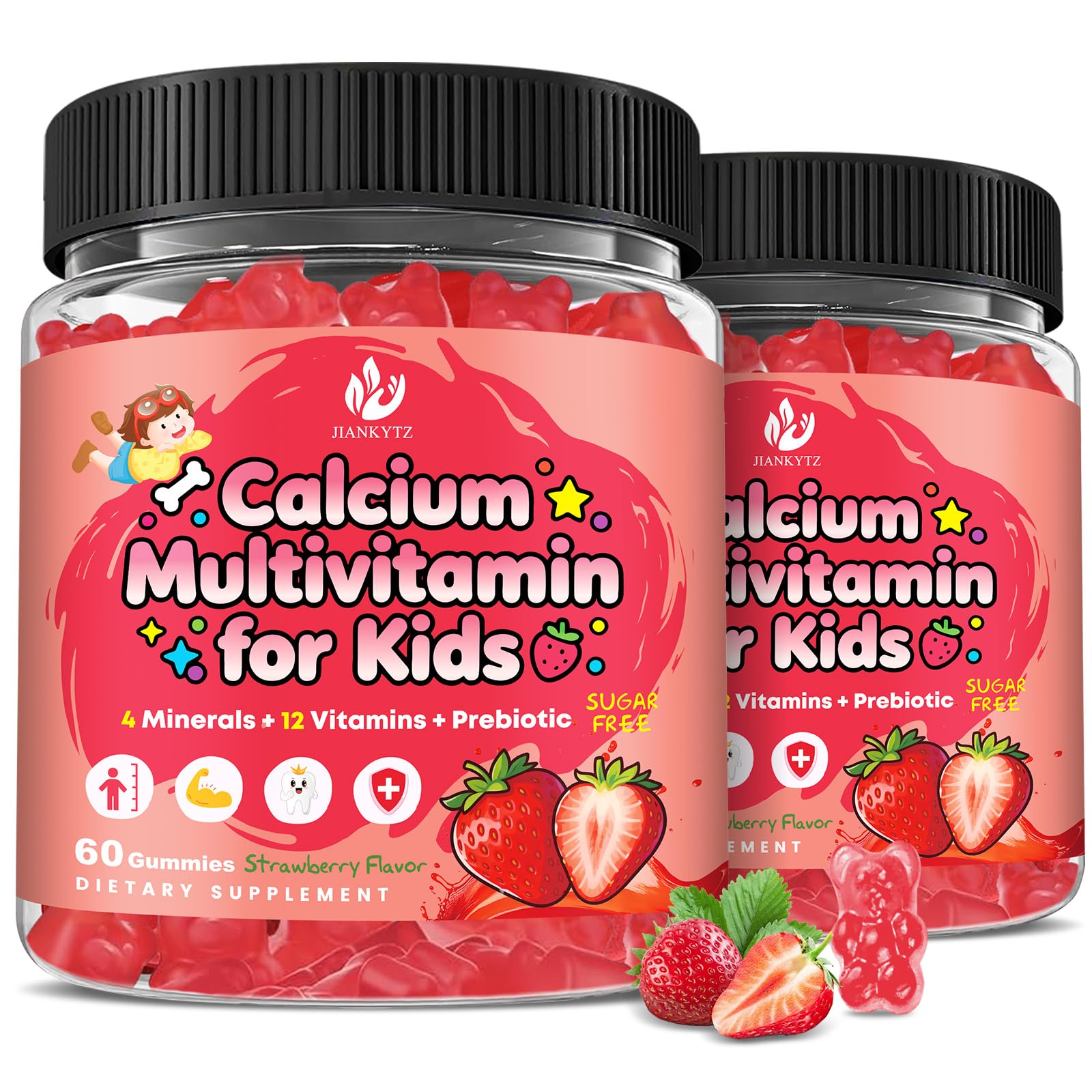 Gommes calcium enfants JIANKYTZ, rose, soutien des os et croissance saine.