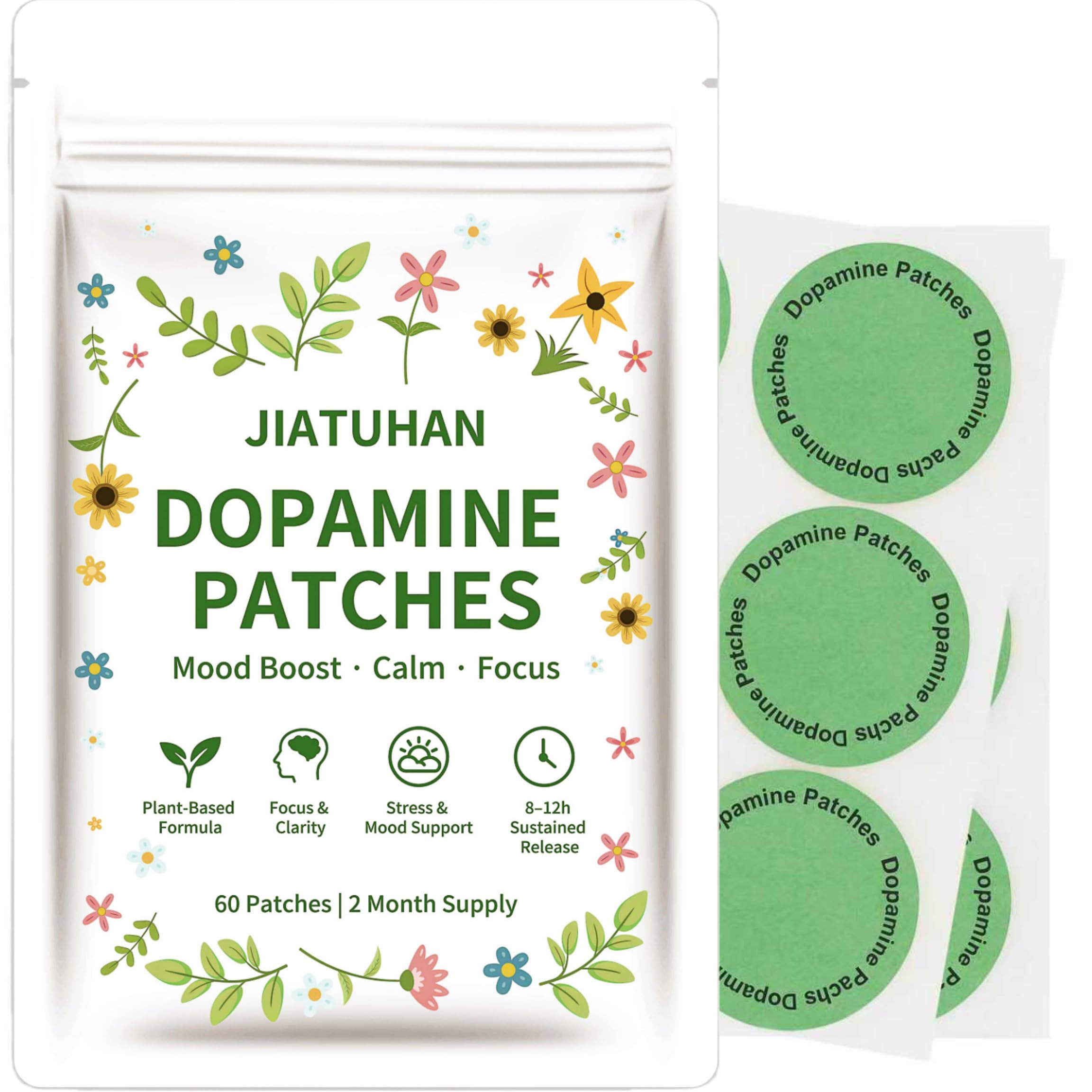 Patch JIATUHAN Dopamine Extra Strength montrant l'humeur équilibrée et une journée plus positive.