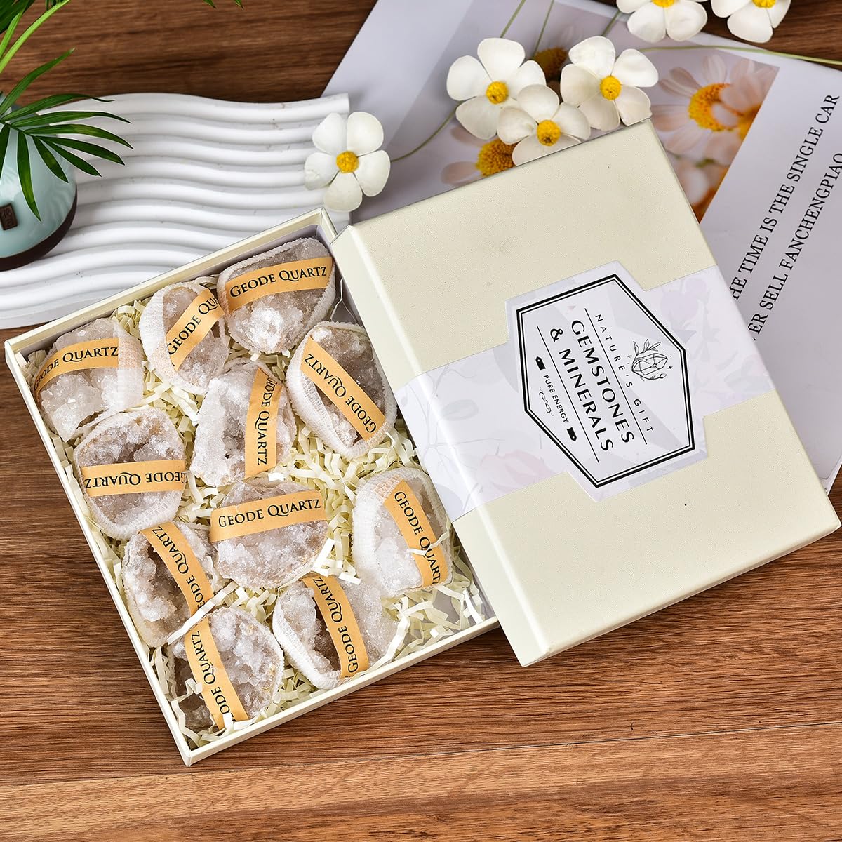JIC Gem coffret cadeau, géode quartz druzy prête à offrir.