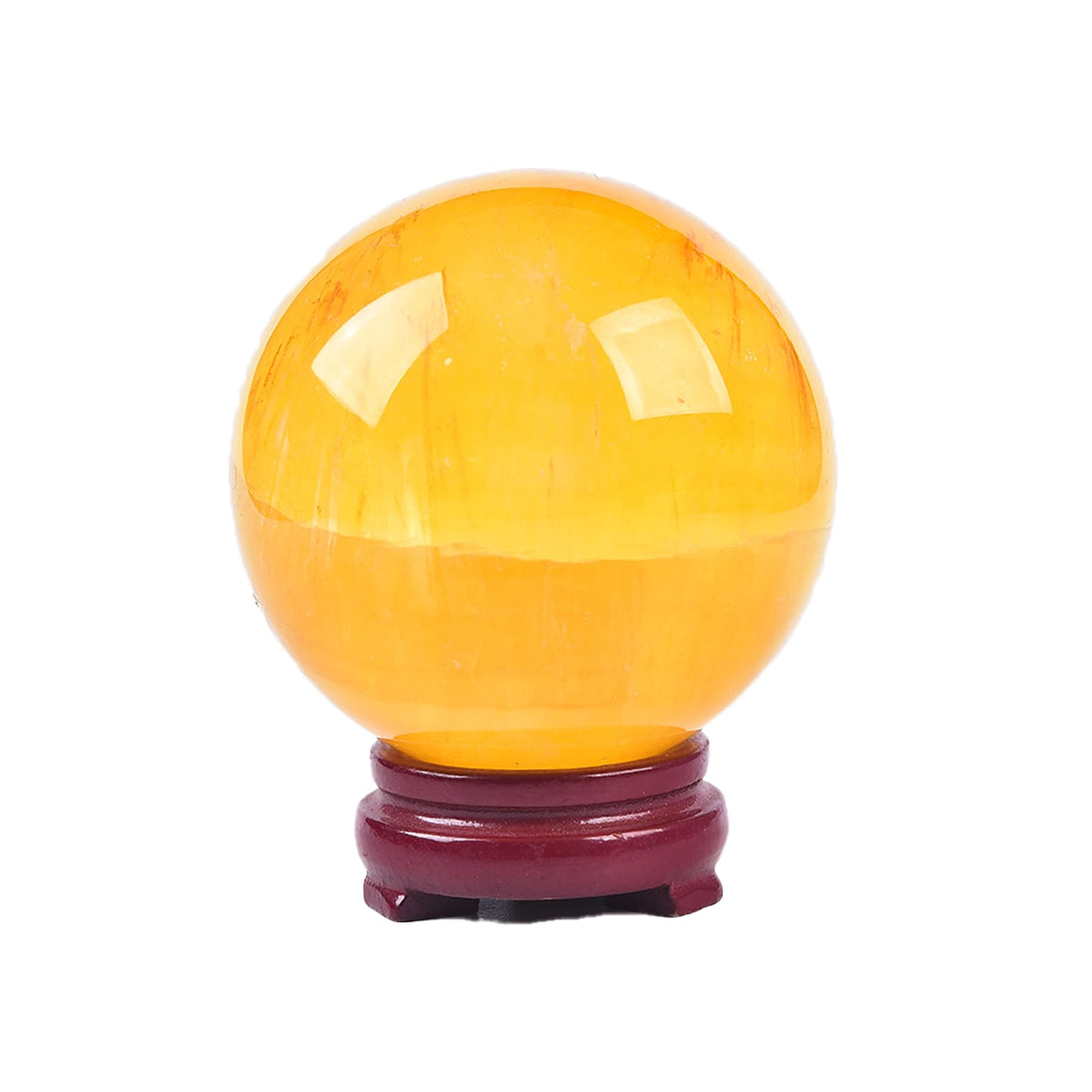 Boule fluorite jaune JIC Gem 90-100 mm sur socle bois, idéale pour exposition.