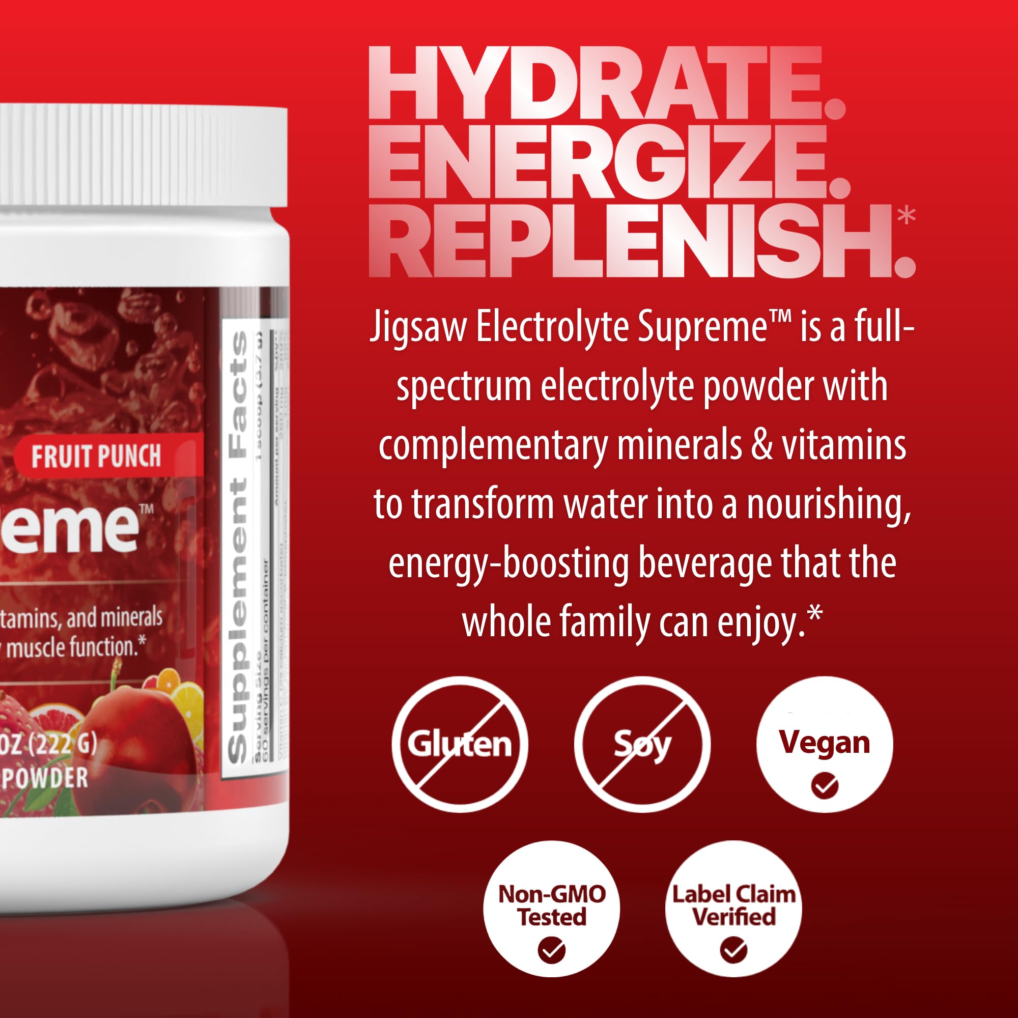 Jigsaw Health Electrolyte Supreme minéraux et vitamines pour équilibre quotidien.