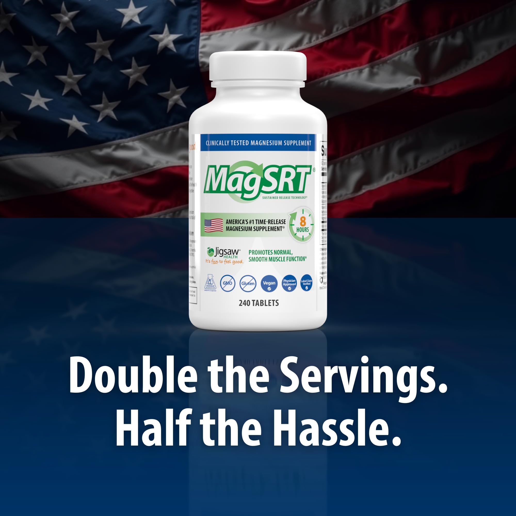 Jigsaw Health MagSRT: étiquette-ingredients met en avant magnésium et vitamines B pour le quotidien.