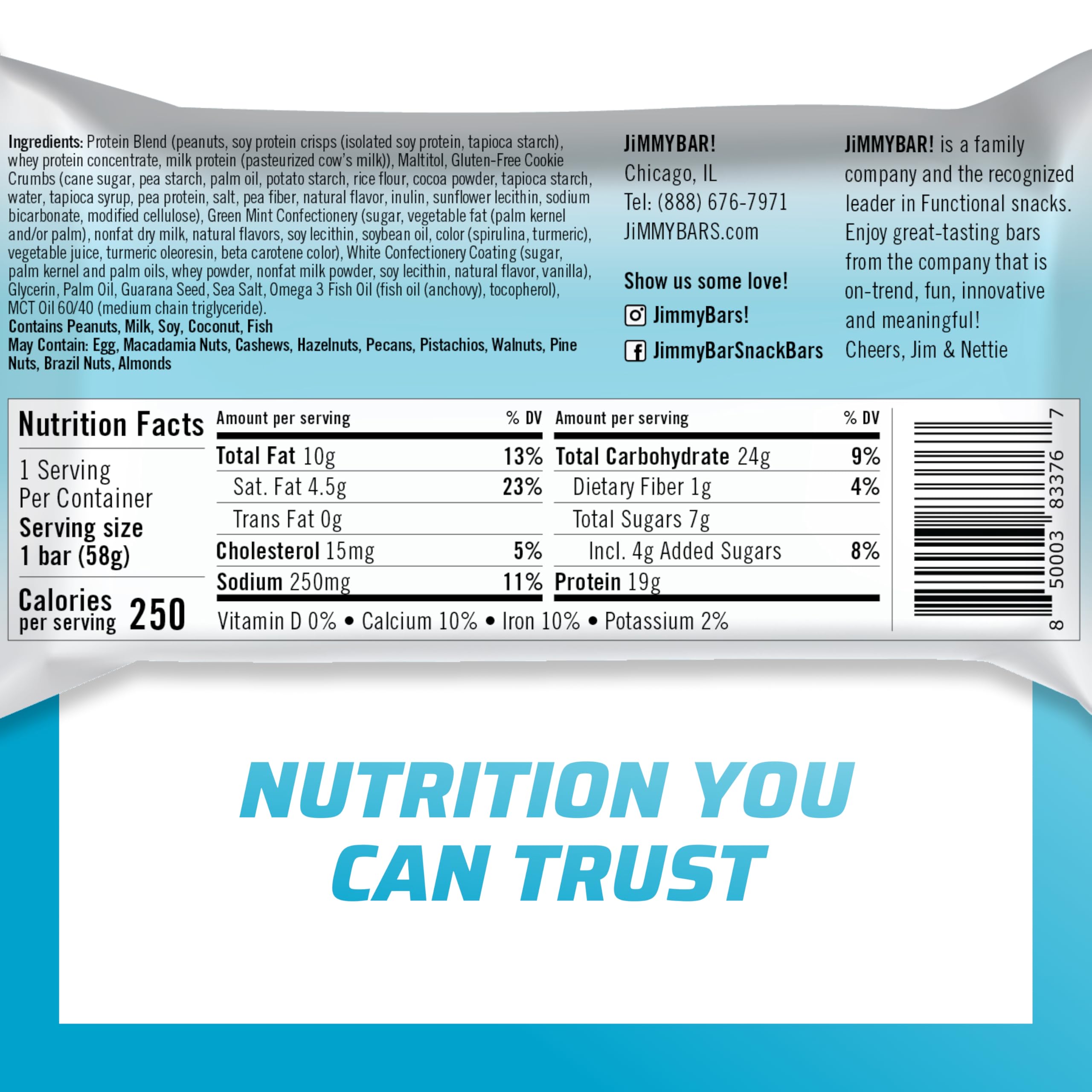 Emballage JIMMYBAR montrant l’en-cas protéiné menthe-cookie-crème.