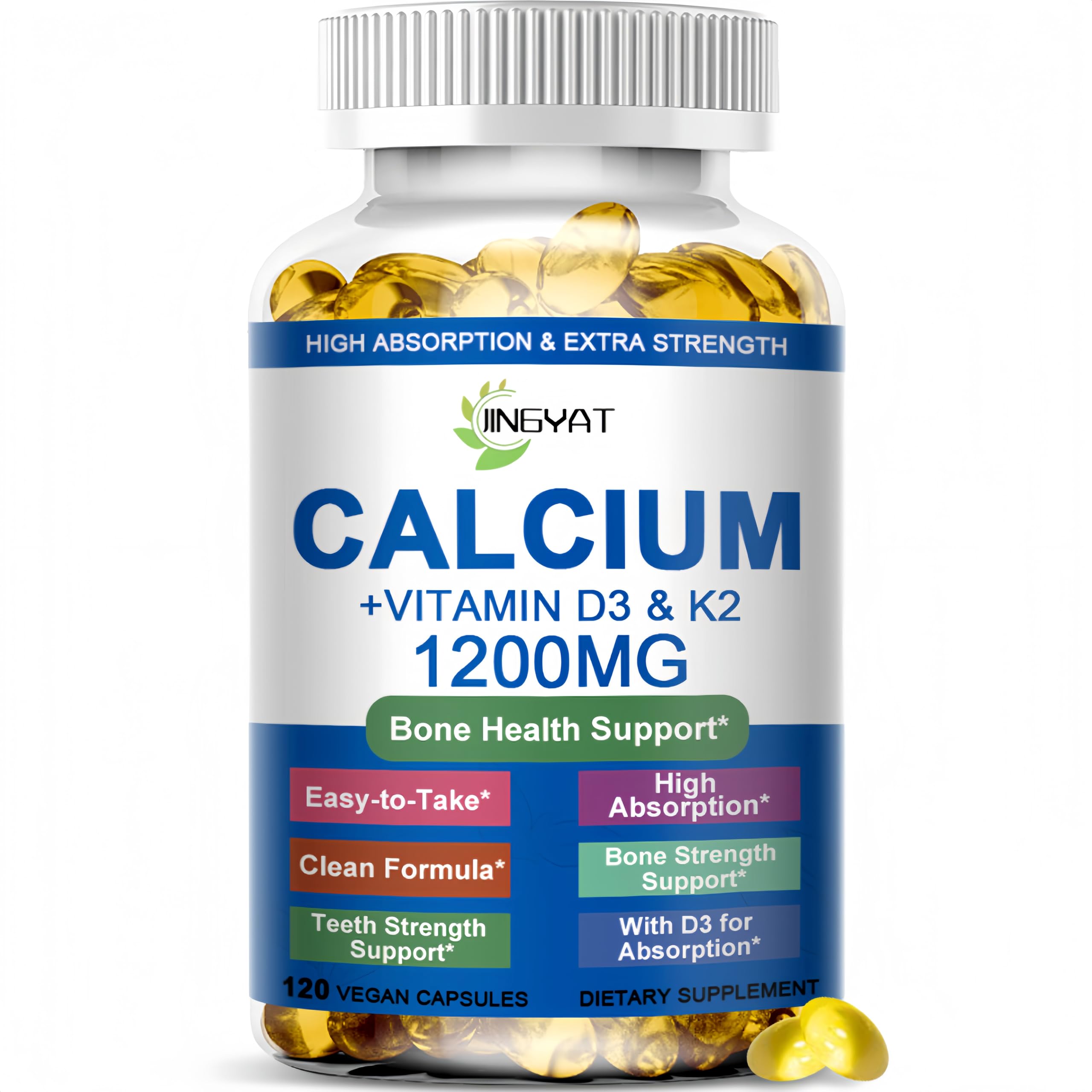 JINGYAT Calcium 1200 mg en bouteille pour des os solides au quotidien.