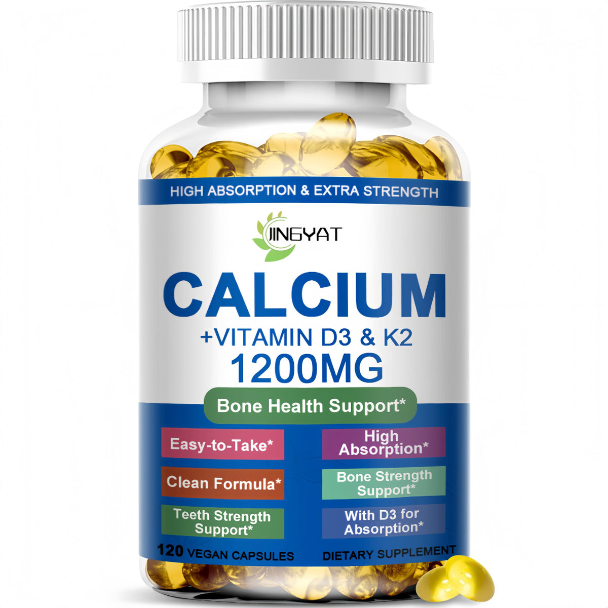 JINGYAT Calcium 1200 mg en bouteille pour des os solides au quotidien.