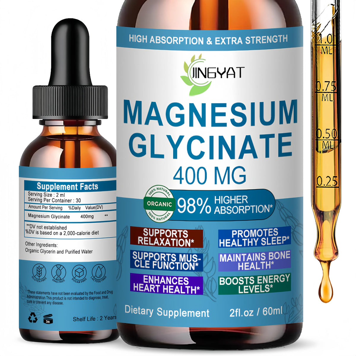 JINGYAT gouttes magnésium glycinate – bouteille, absorption rapide