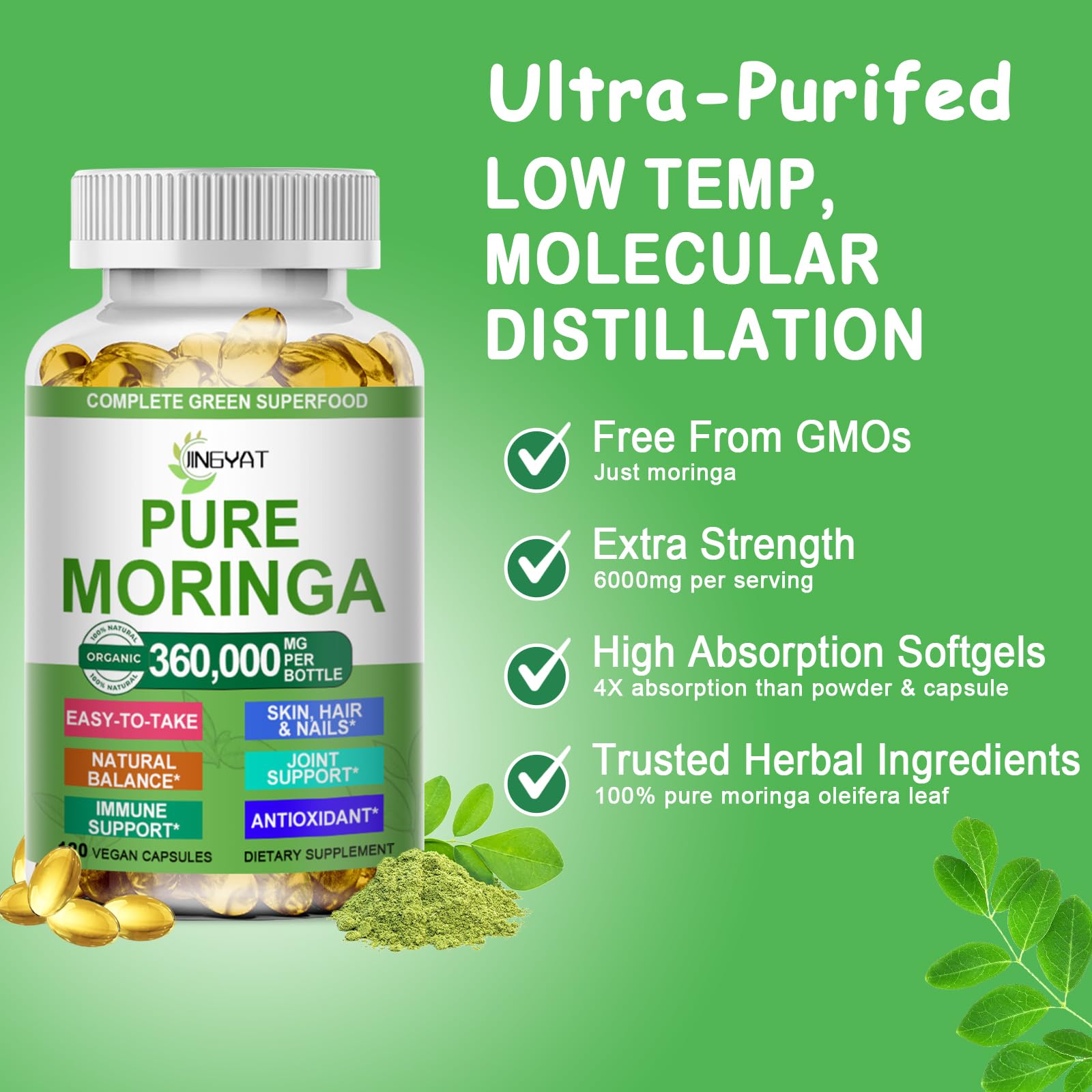 JINGYAT Moringa Softgels : étiquette bio visible pour l'origine naturelle du produit
