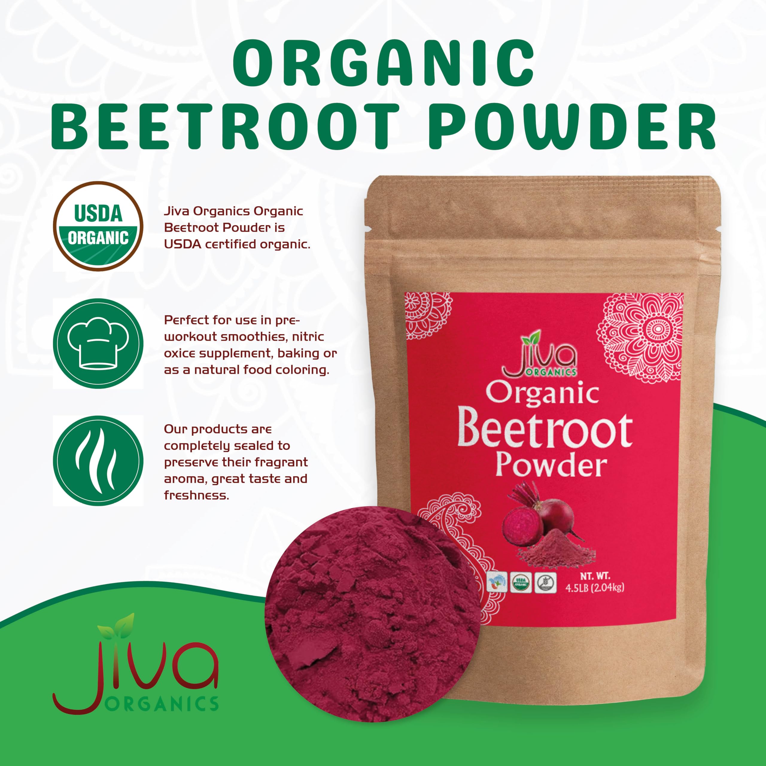 Poudre betterave bio Jiva Organics colorant naturel pour cuisiner et pâtisserie.