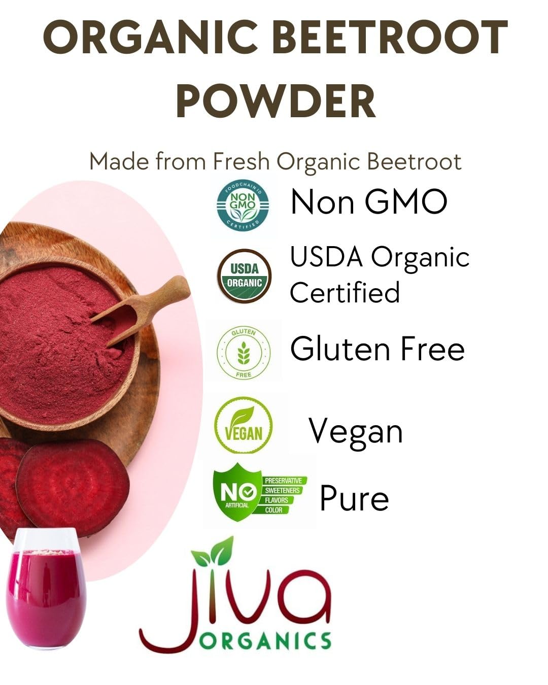 Poudre de betterave bio Jiva Organics prête à mélanger dans smoothies quotidiens.