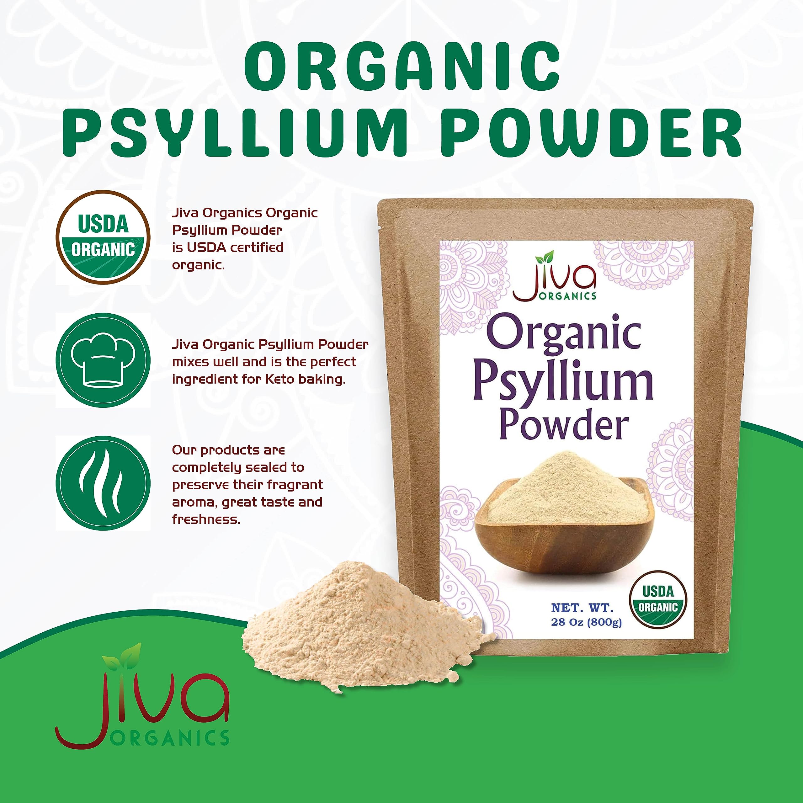 Poudre psyllium Jiva Organics, dose précise pour mélanges cohérents.