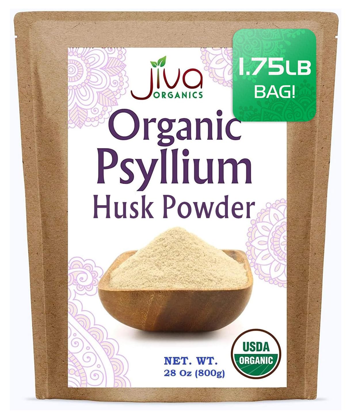 Jiva Organics poudre psyllium, emballage pratique, fibres faciles à doser.