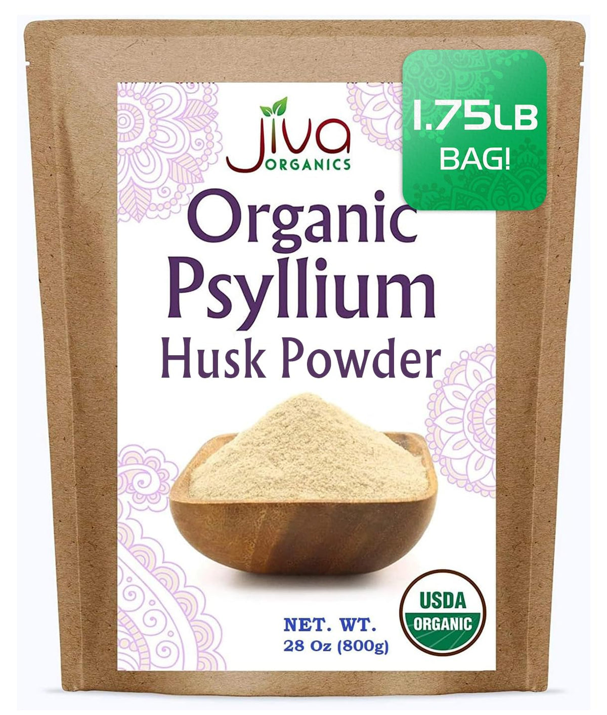 Jiva Organics poudre psyllium, emballage pratique, fibres faciles à doser.
