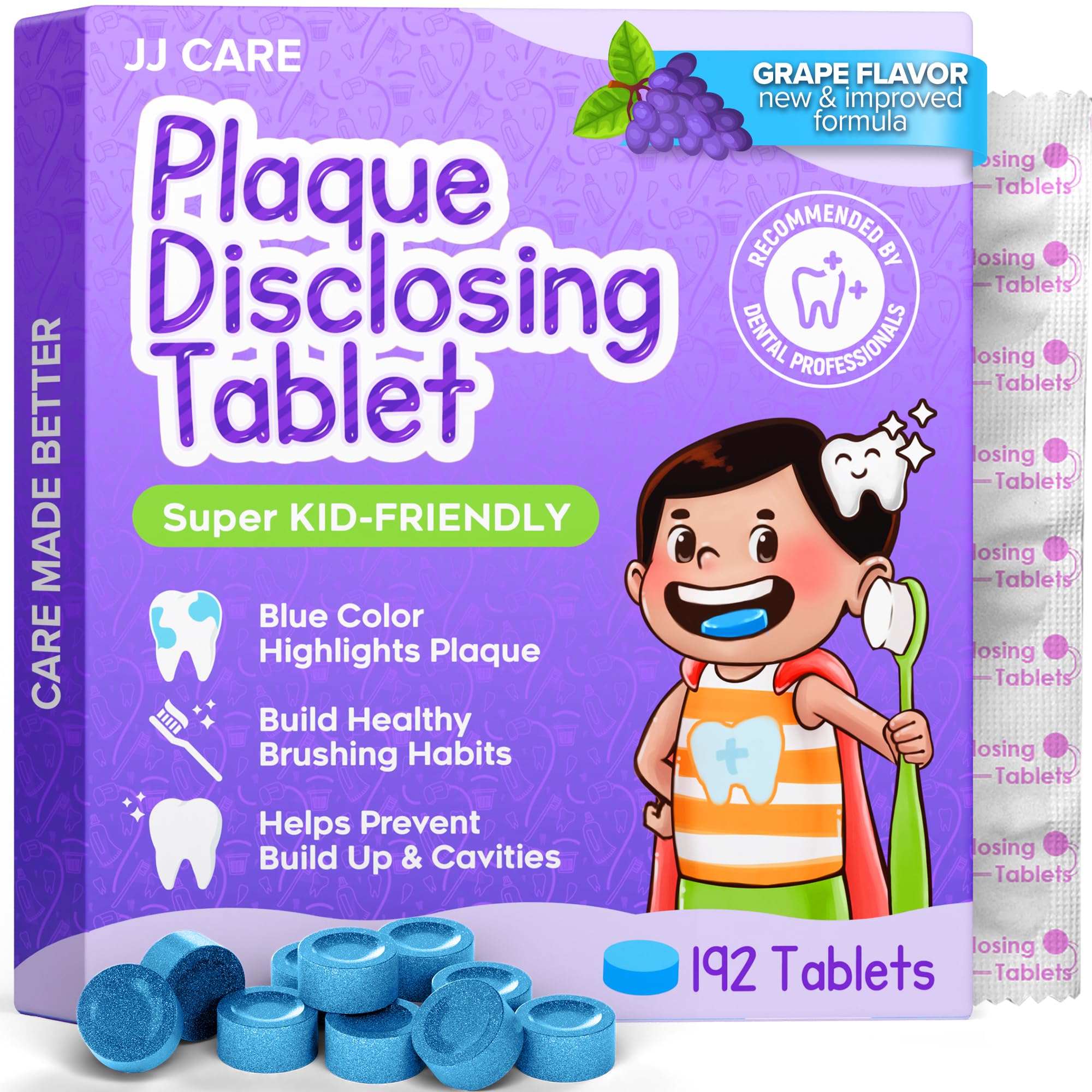 Tablettes JJ CARE de détection de plaque pour enfants avec emballage individuel.