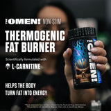 Étiquette du The Omen non-stimulant par JNX SPORTS, informations claires et usage.