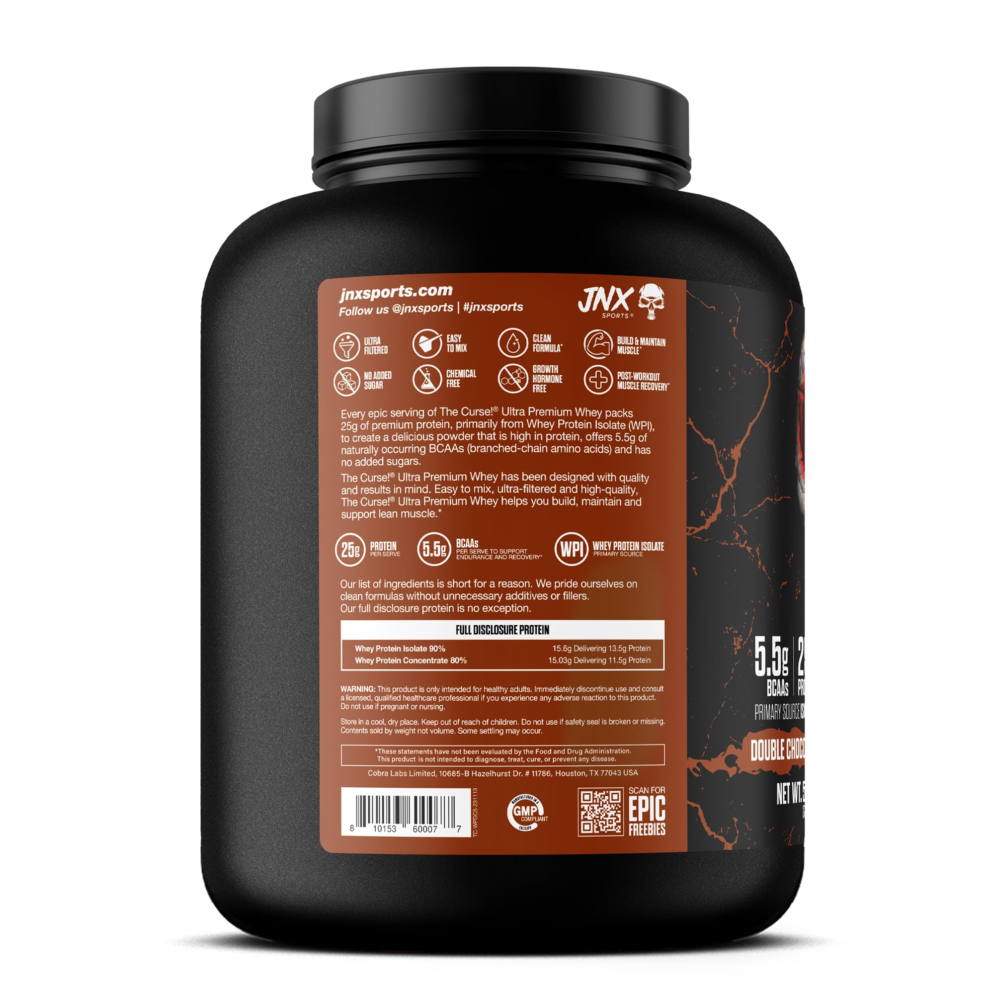 JNX SPORTS The Curse Whey Double Chocolat cuillere-doseuse pres du pot preparation rapide