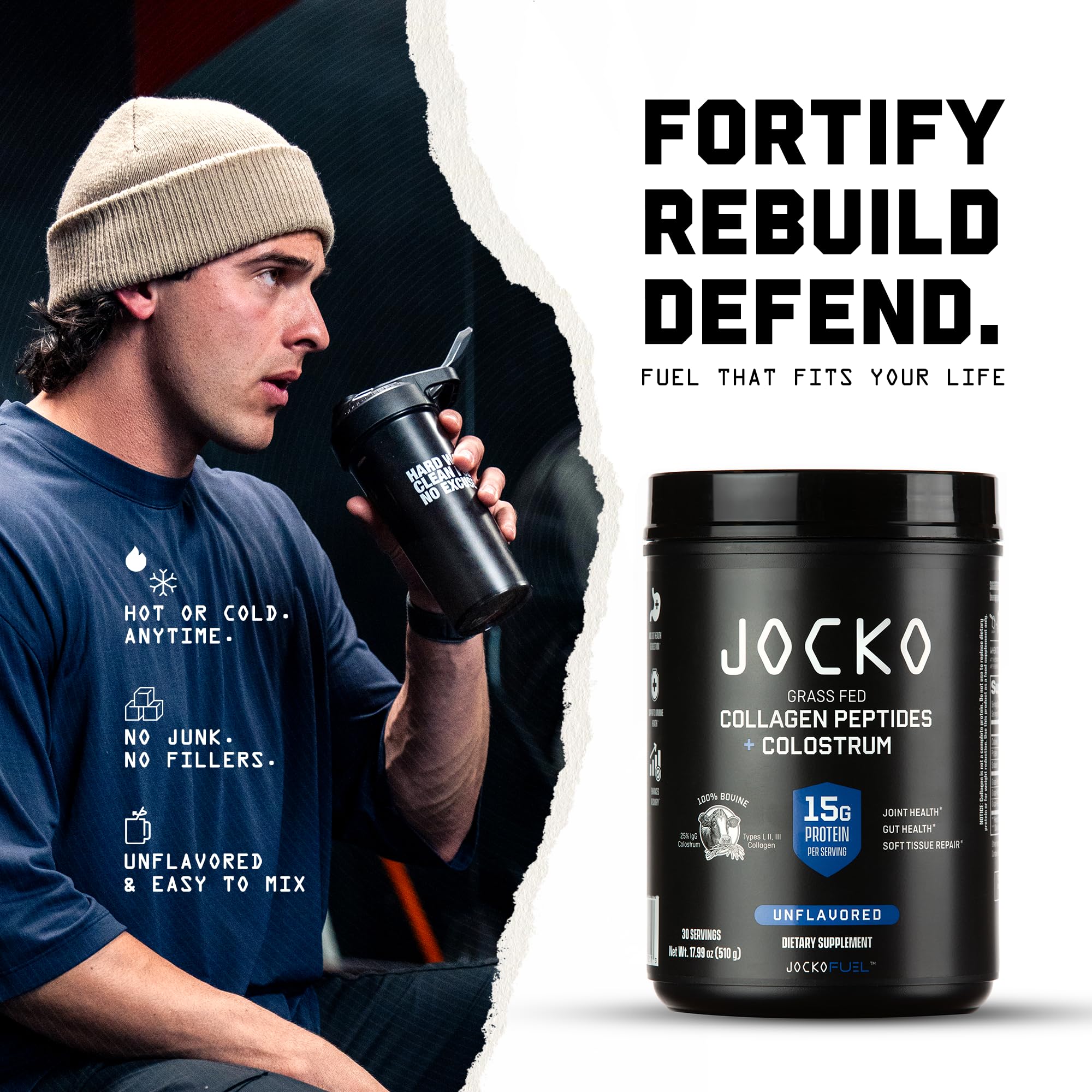 Jocko Fuel Collagène + Colostrum – athlète en entraînement, récupération potentielle.