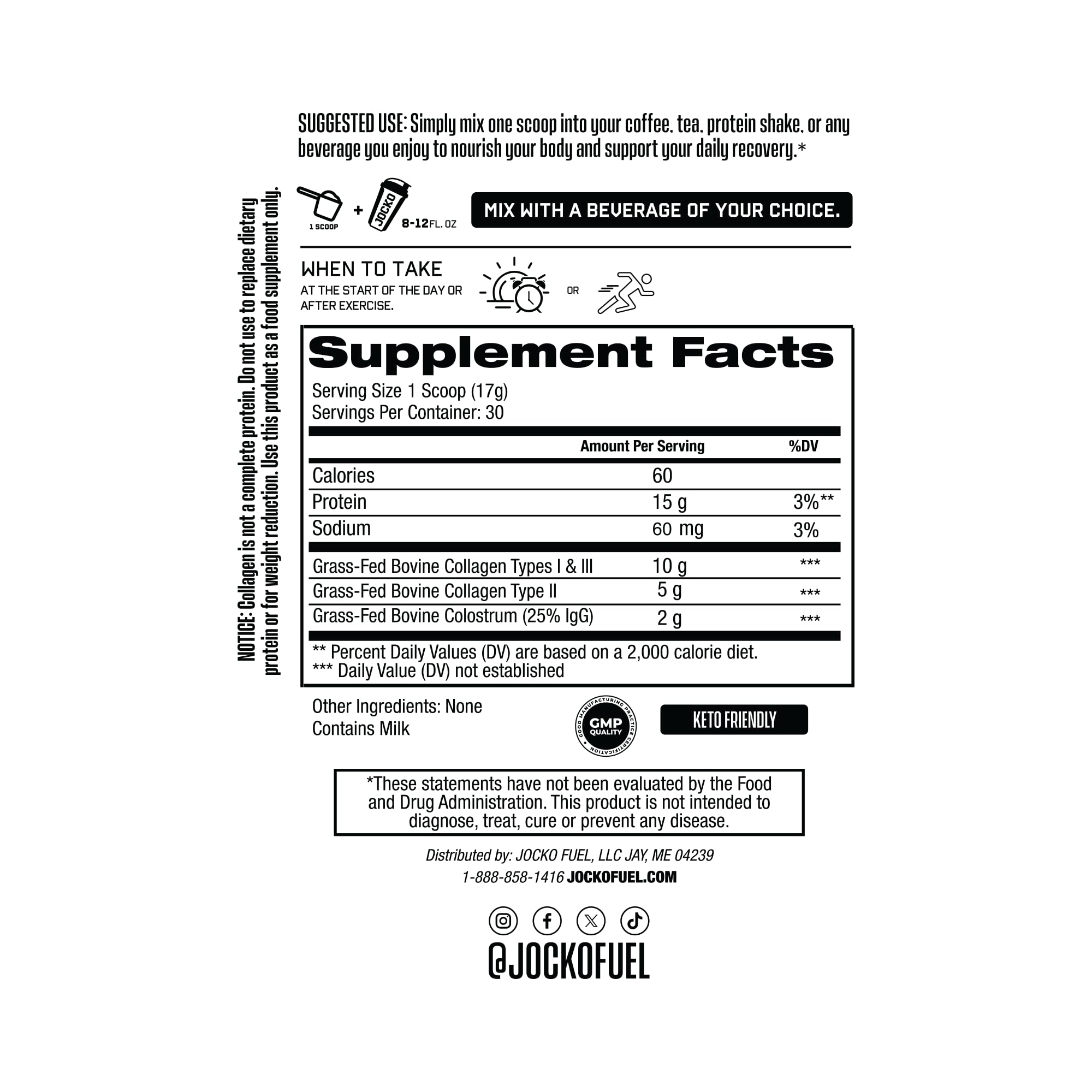 Jocko Fuel Collagène + Colostrum – étiquette claire et lisible.