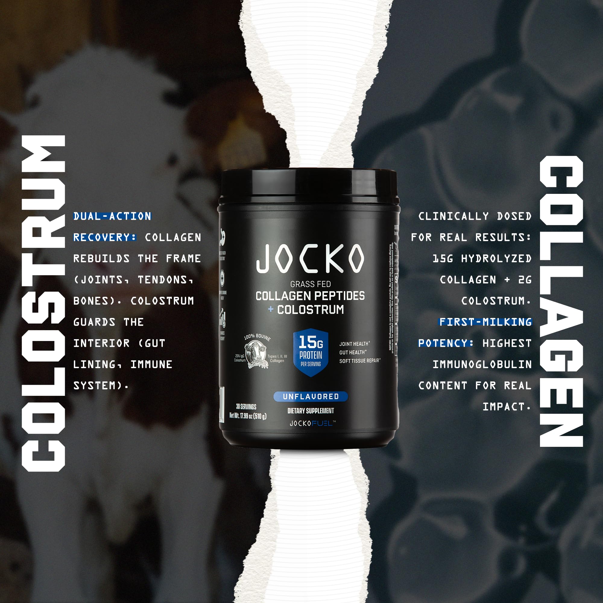 Jocko Fuel Collagène + Colostrum – santé intestinale ciblée et réparation des tissus.
