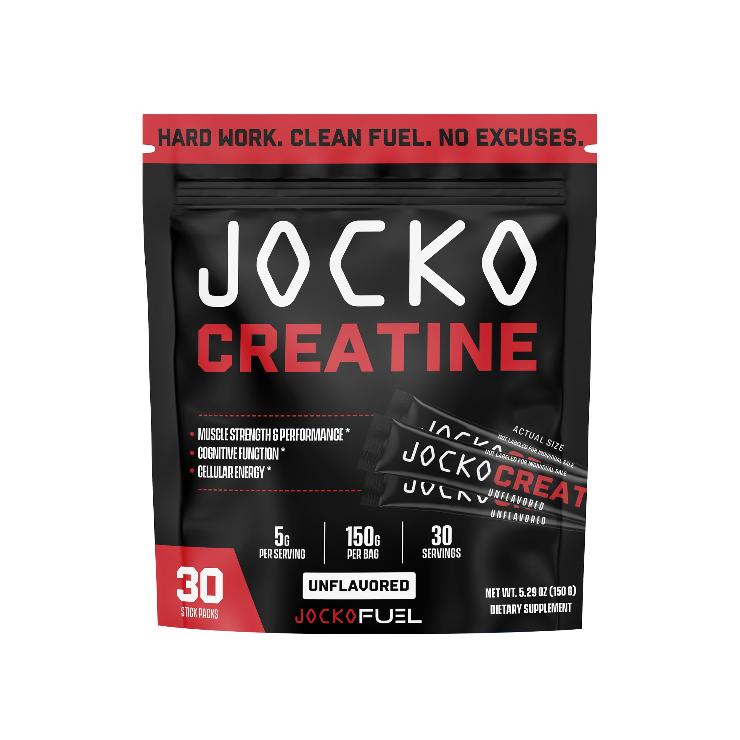 Jocko Fuel Créatine Stick Packs – emballage sachets individuels, pratique pour l'entraînement.