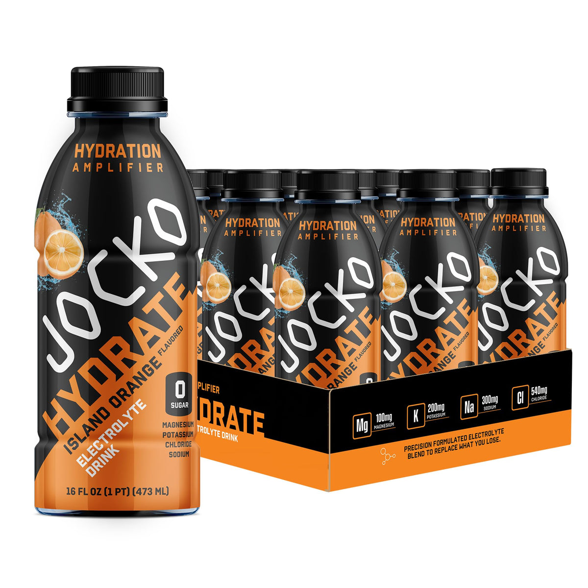 Bouteille Jocko Fuel Hydrate orange des Îles 16oz pour une hydratation rapide.