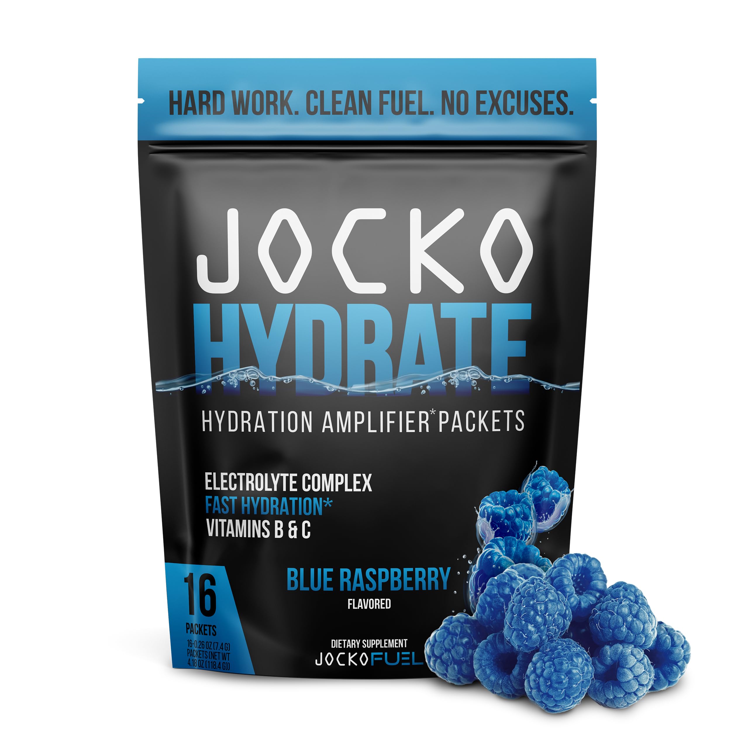 Jocko Fuel Hydrate Framboise Bleue, sachet d'électrolytes pour hydratation rapide pendant l'effort.