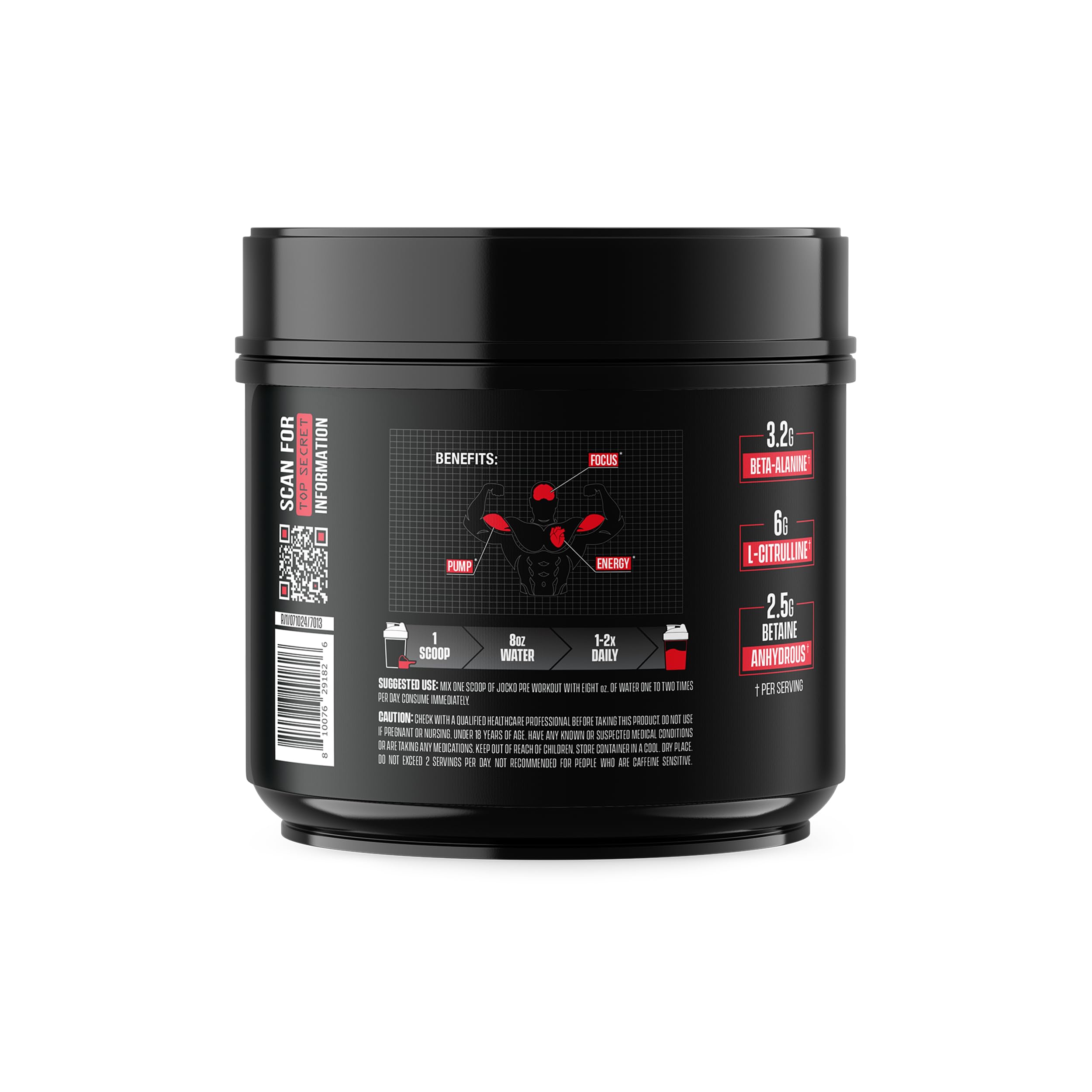 Étiquette nutritionnelle Jocko Fuel Pré-entraînement, informations claires et transparentes.