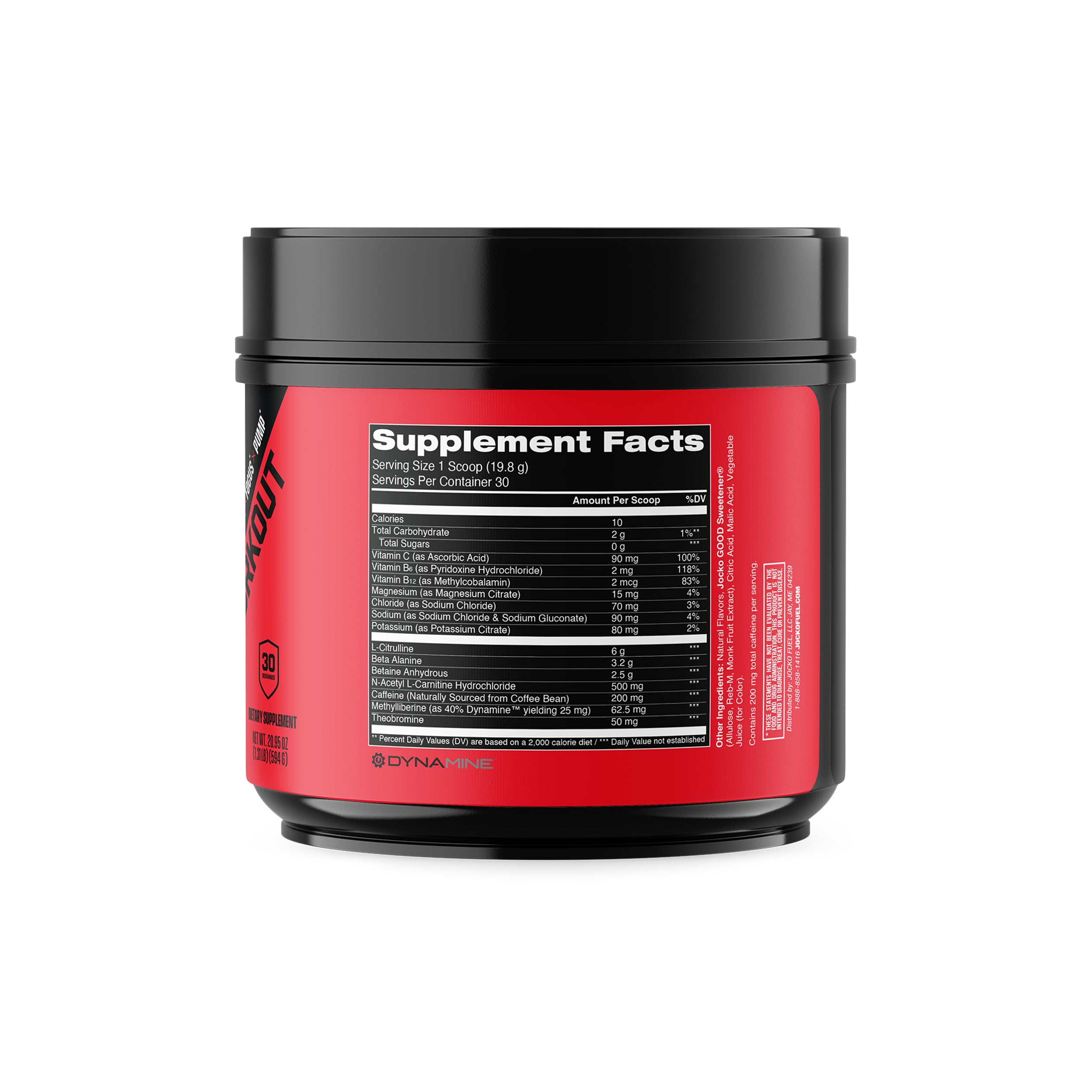 Poudre pré-entraînement Jocko Fuel, saveur fruits mélangés et boost d’endurance.